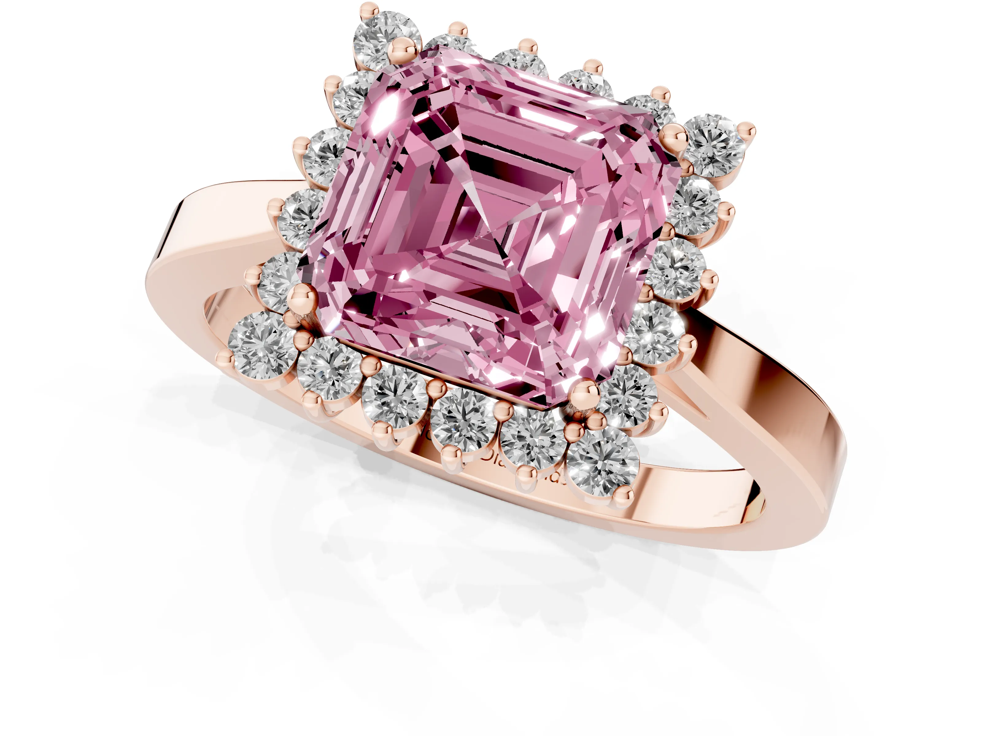 Fancy Pink Asscher Cut Diamond Halo Ring Set in Rose gold with Round Halo and Smooth Solitaire Band