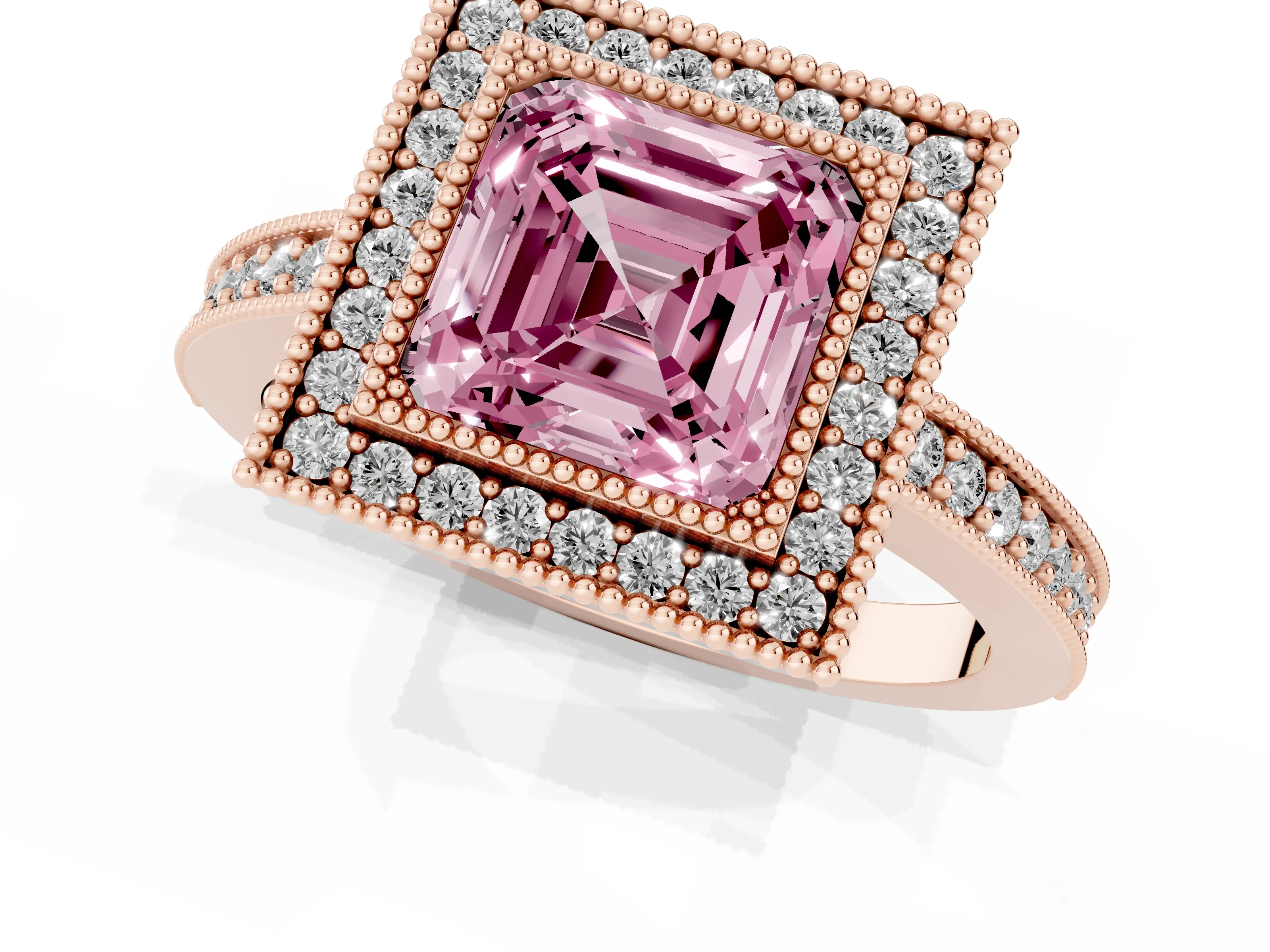 Fancy Pink Asscher Cut Diamond Halo Engagement Ring Set in Rose gold with Pavé Band and Round Halo Stones