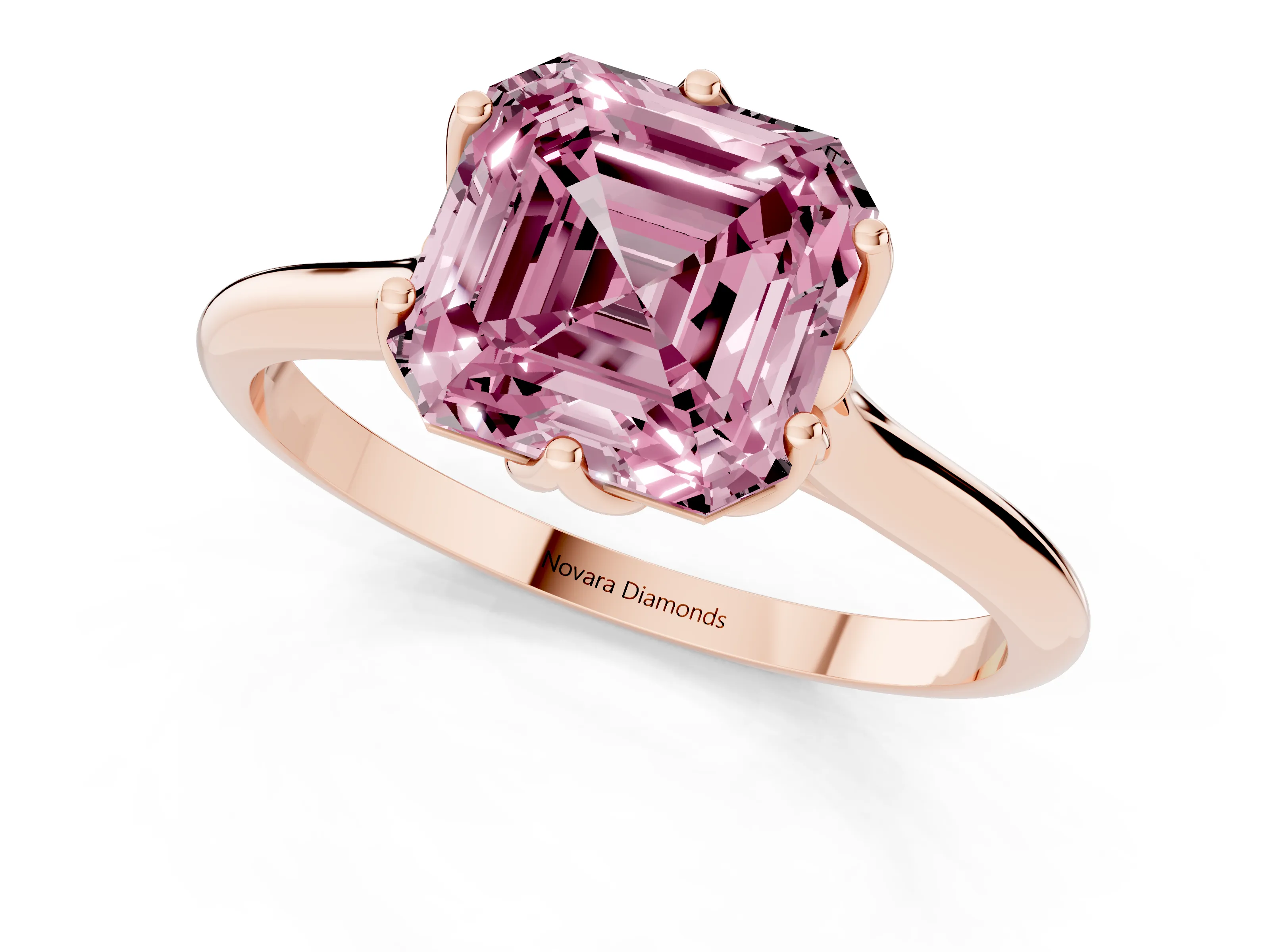Fancy Pink Asscher Cut Diamond Solitaire Cathedral Ring Set in Rose gold with Prong Setting