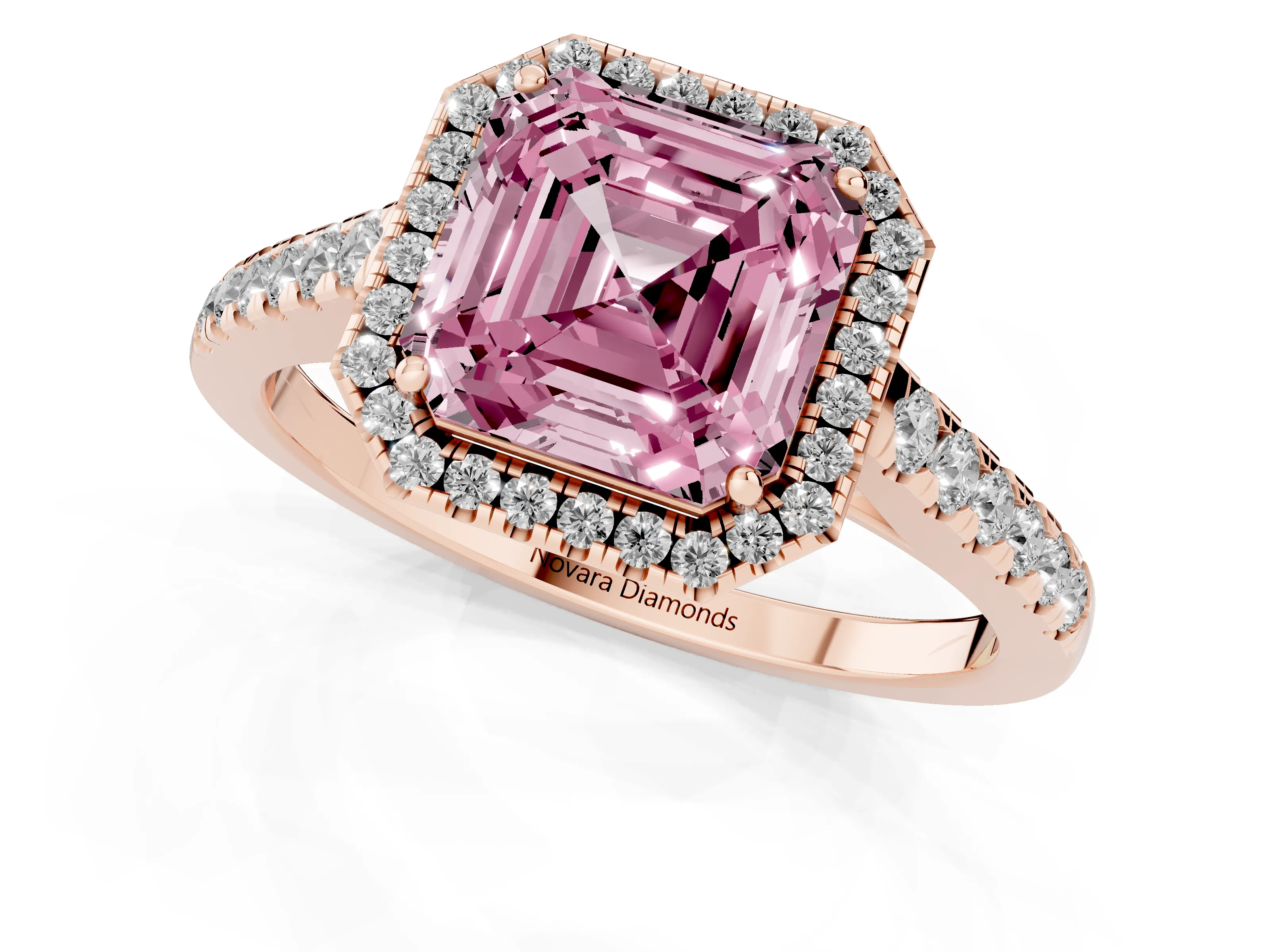 Fancy Pink Asscher Cut Diamond Halo Pavé Engagement Ring Set in Rose gold with Prong Setting