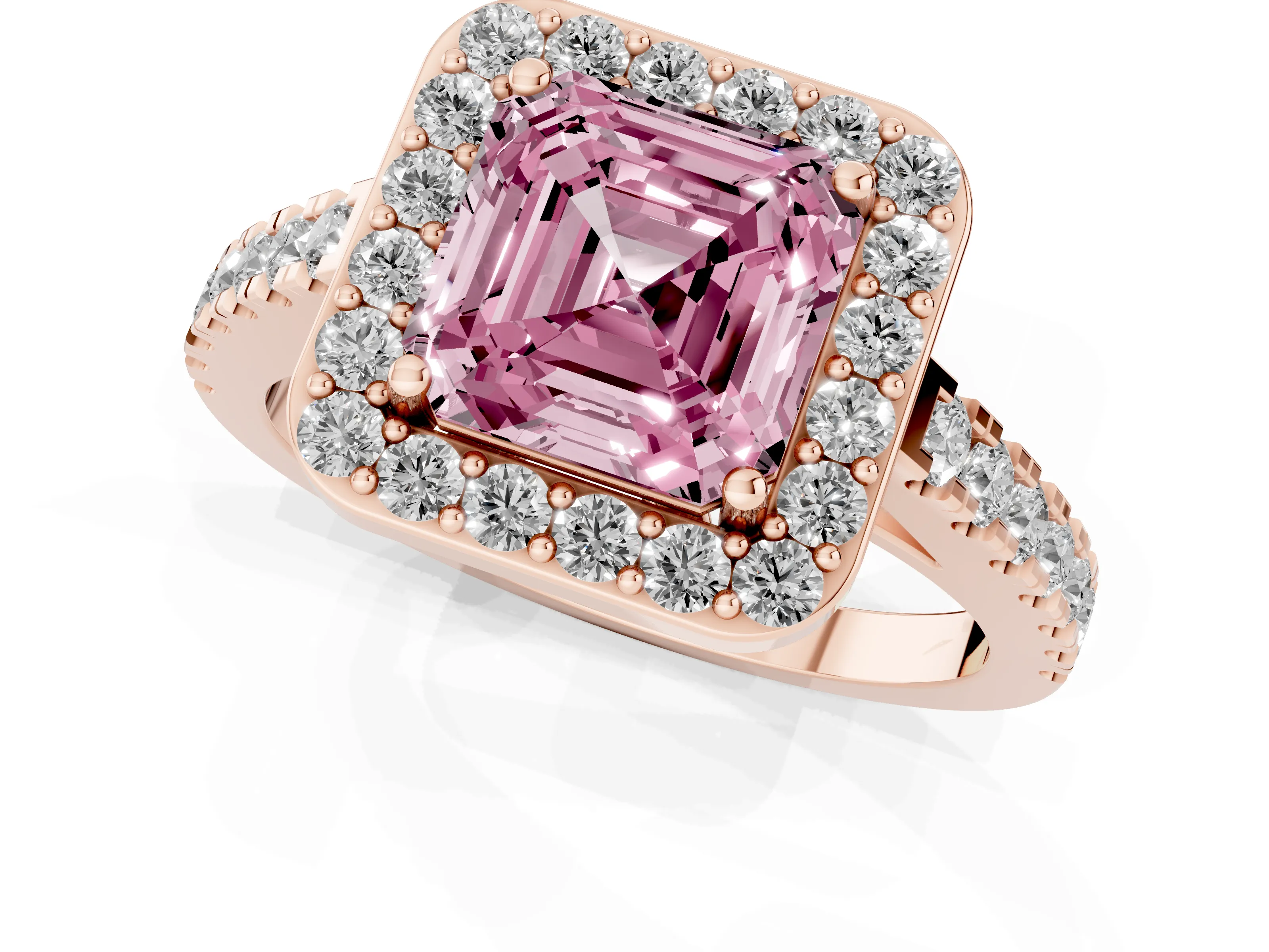 Fancy Pink Asscher Cut Diamond Halo Ring Set in Rose gold with Round Pavé Split Shank and Prong Setting