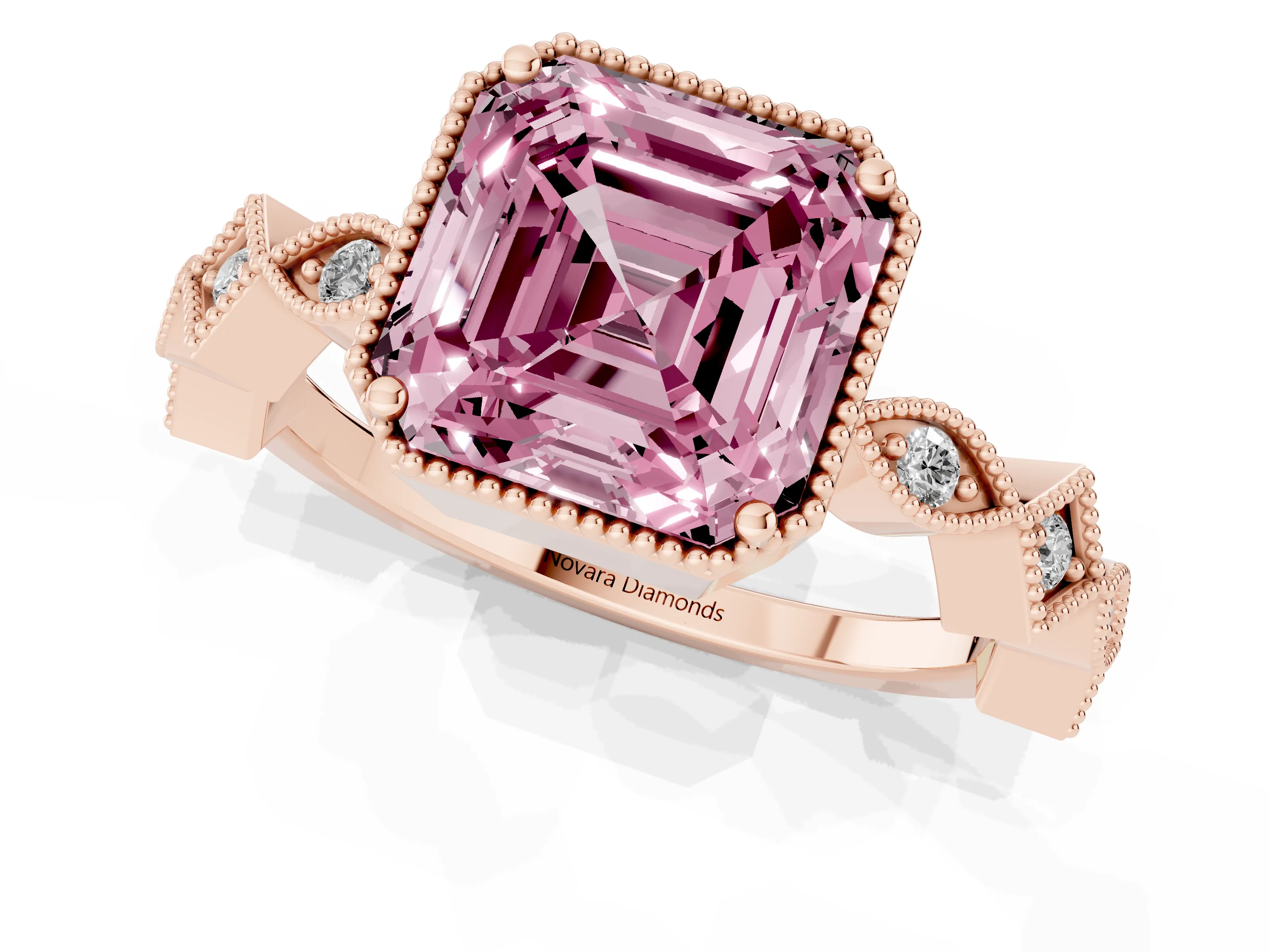 Fancy Pink Asscher Cut Diamond Milgrain Marquise Twist Band Ring Set in Rose gold with Prong Setting