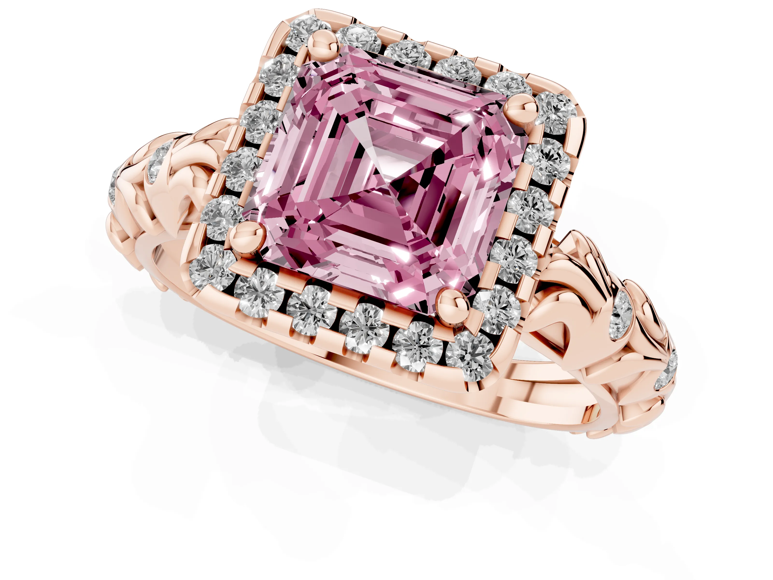 Fancy Pink Asscher Cut Diamond Halo Ring Set in Rose gold with Filigree Leaf Band and Prong Setting