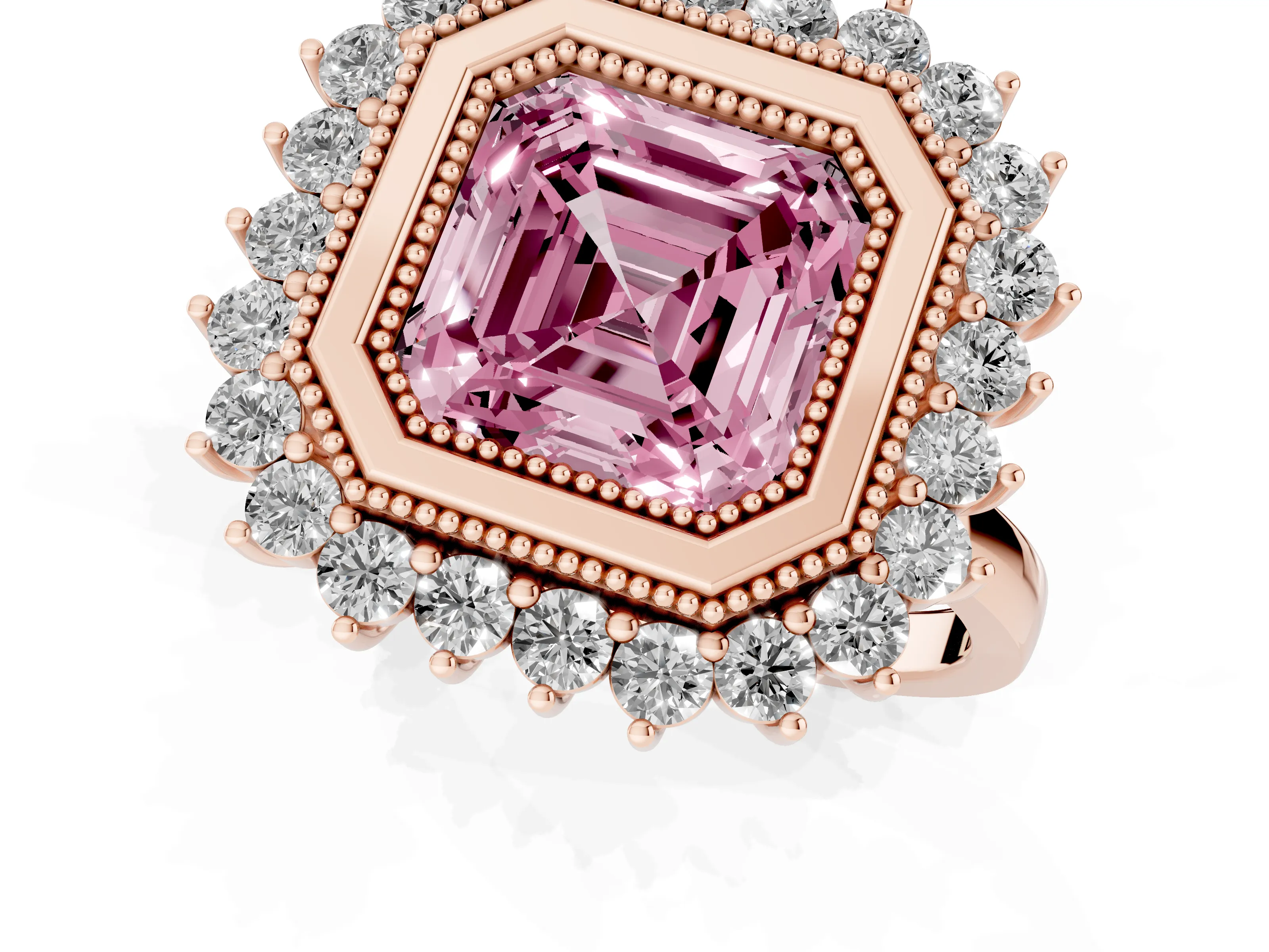 Fancy Pink Asscher Cut Diamond Halo Ring Set in Rose gold with Milgrain Edge and Round Prong Setting