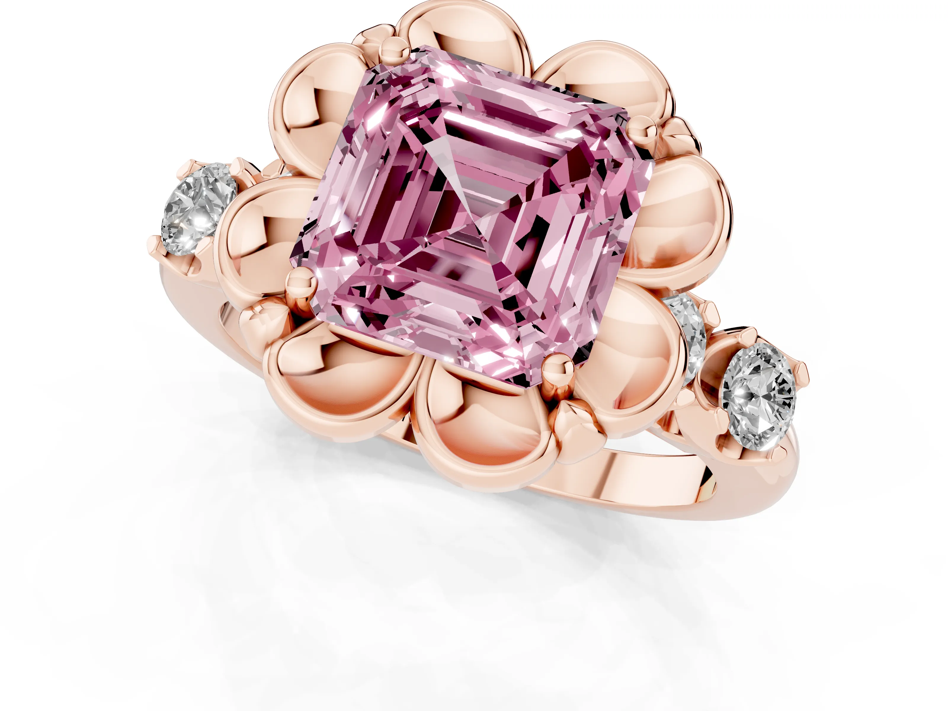 Fancy Pink Asscher Cut Diamond Floral Halo Ring Set in Rose gold with Shared Prong Band