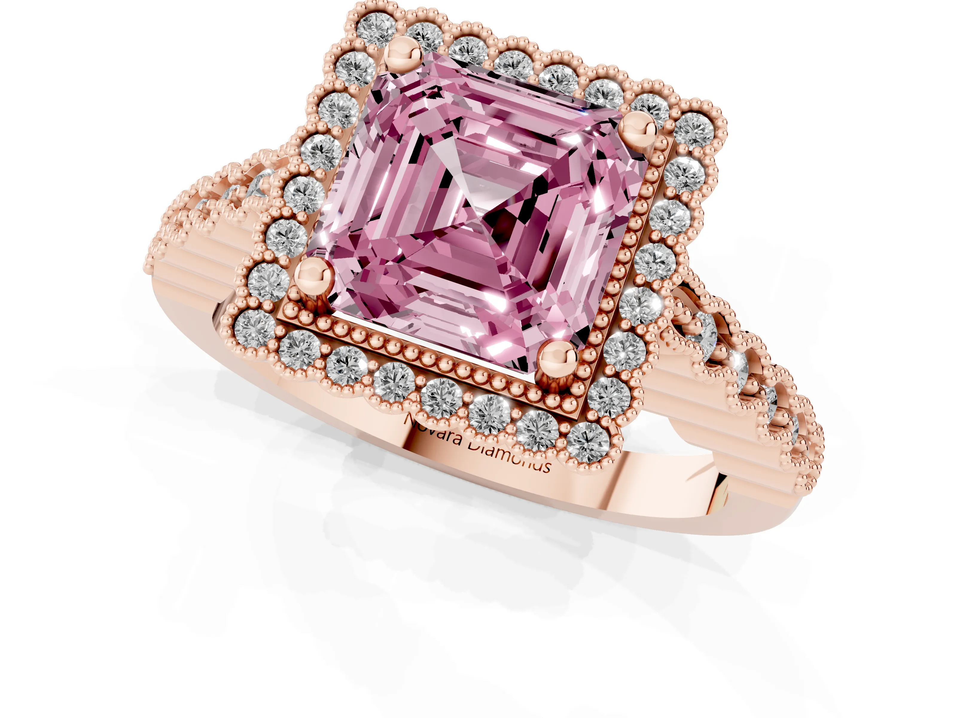 Fancy Pink Asscher Cut Diamond Halo Ring Set in Rose gold with Pavé Milgrain Band