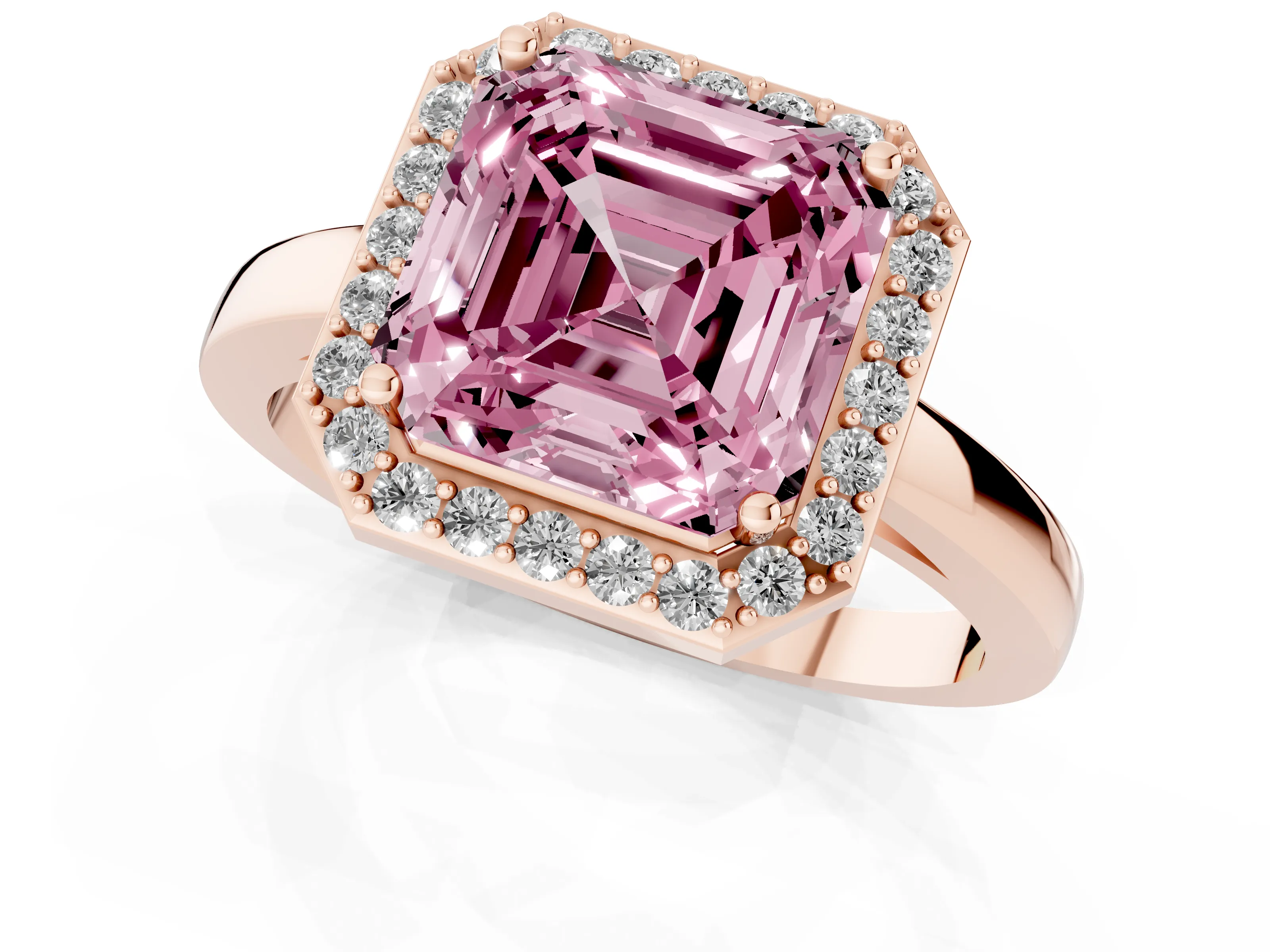 Fancy Pink Asscher Cut Diamond Halo Ring Set in Rose gold with Solitaire Band and Prong Setting