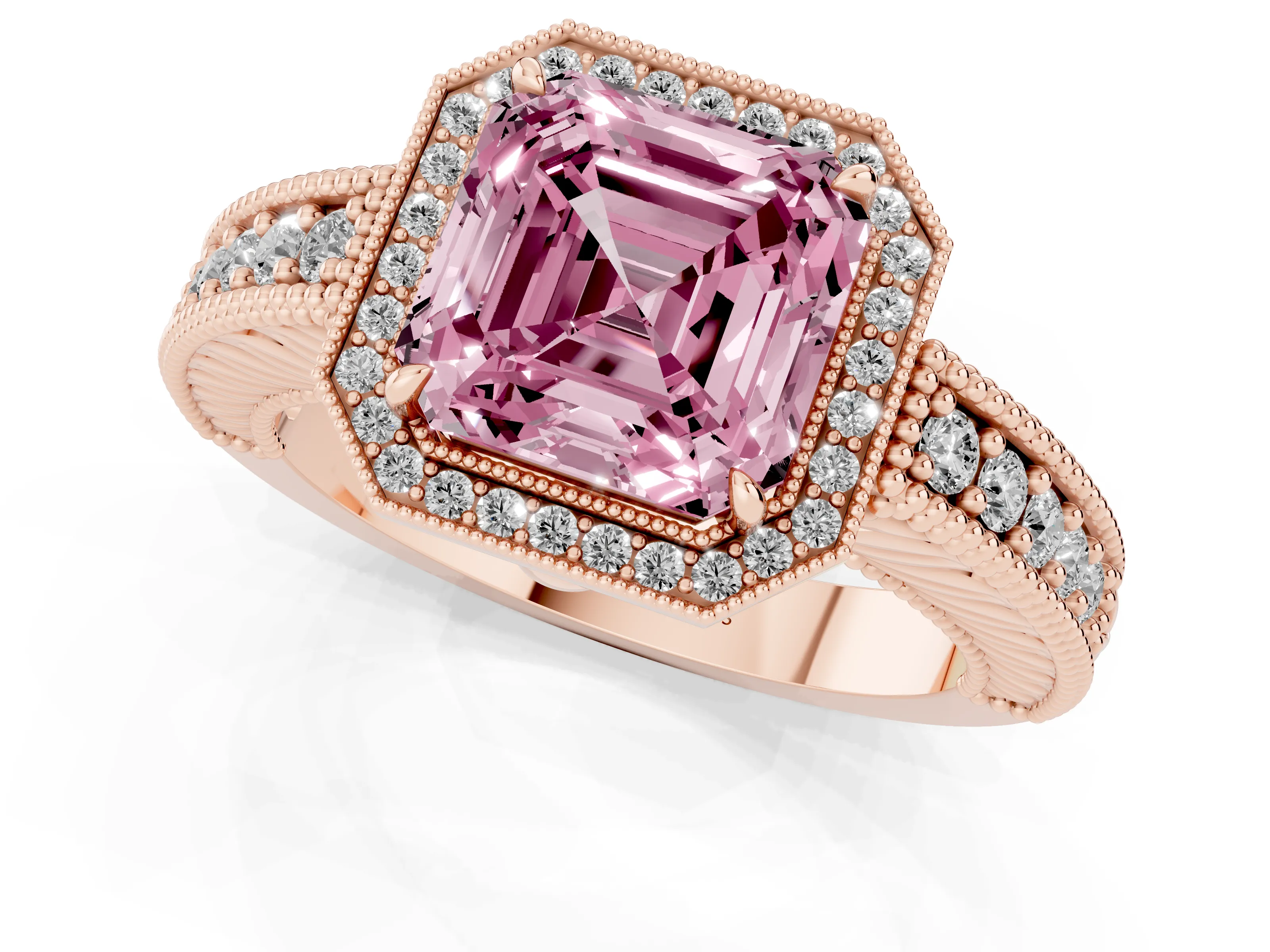 Fancy Pink Asscher Cut Diamond Halo Ring Set in Rose gold with Round Accent Halo, Pavé Band and Prong Setting