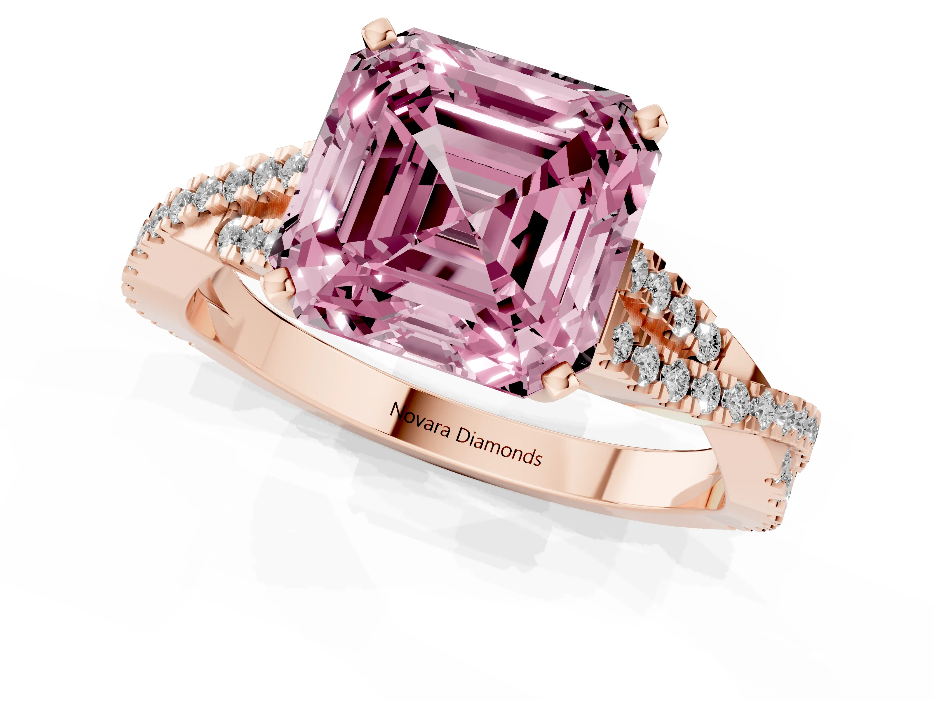 Fancy Pink Asscher Cut Diamond Solitaire Engagement Ring Set in Rose gold with Twisted Pavé Band and Prong Setting