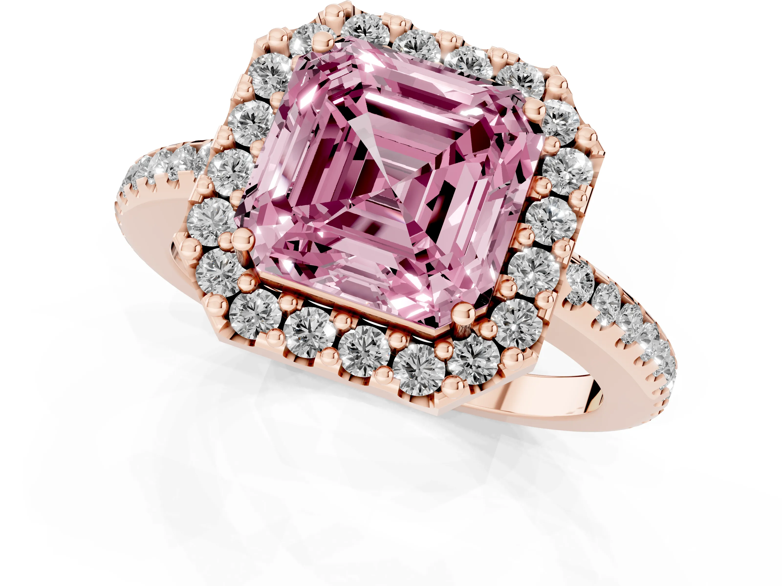 Fancy Pink Asscher Cut Diamond Pavé Halo Ring Set in Rose gold with Prong Setting