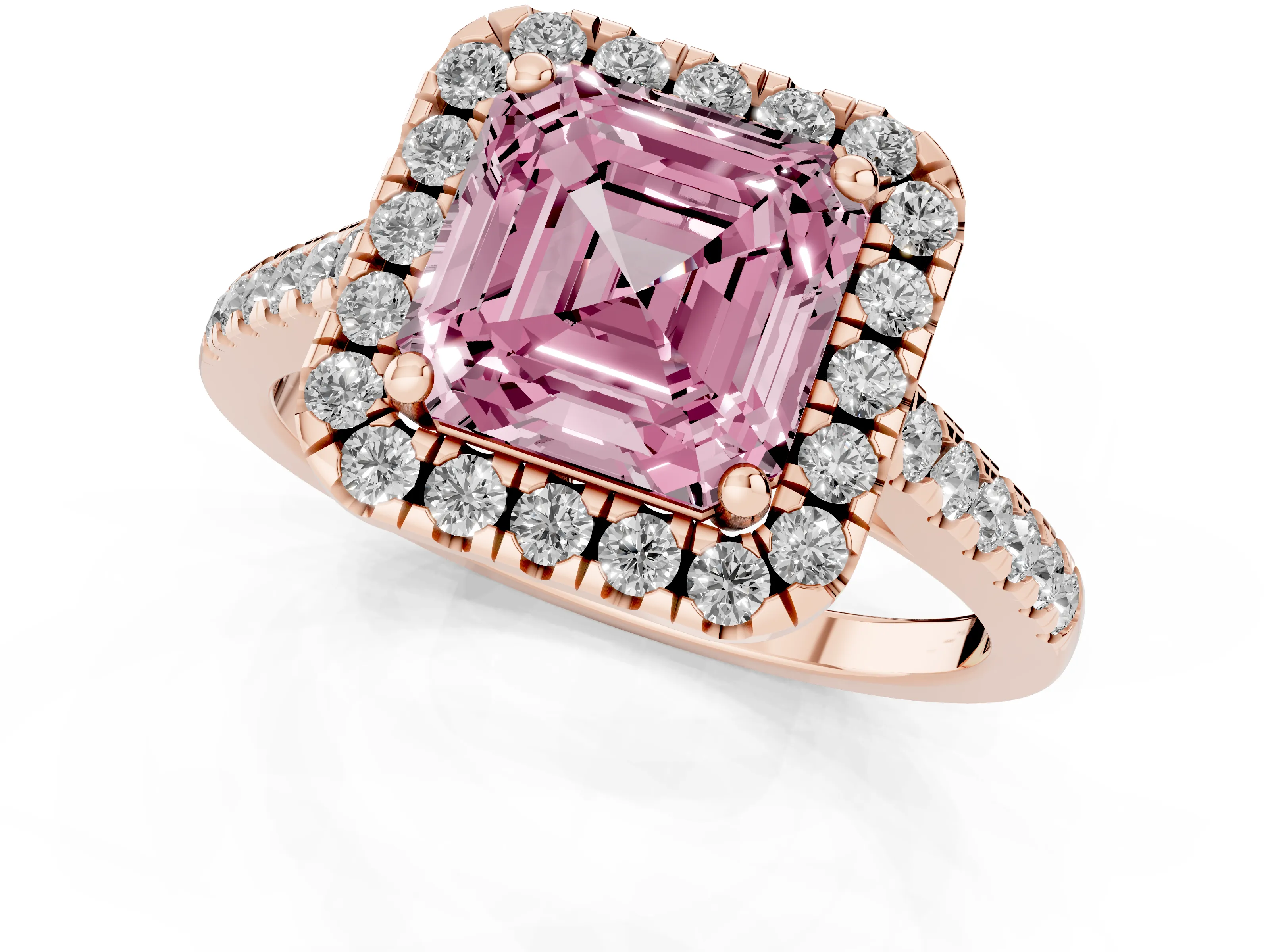Fancy Pink Asscher Cut Diamond Pavé Halo Engagement Ring Set in Rose gold with Pavé Band and Prong Setting