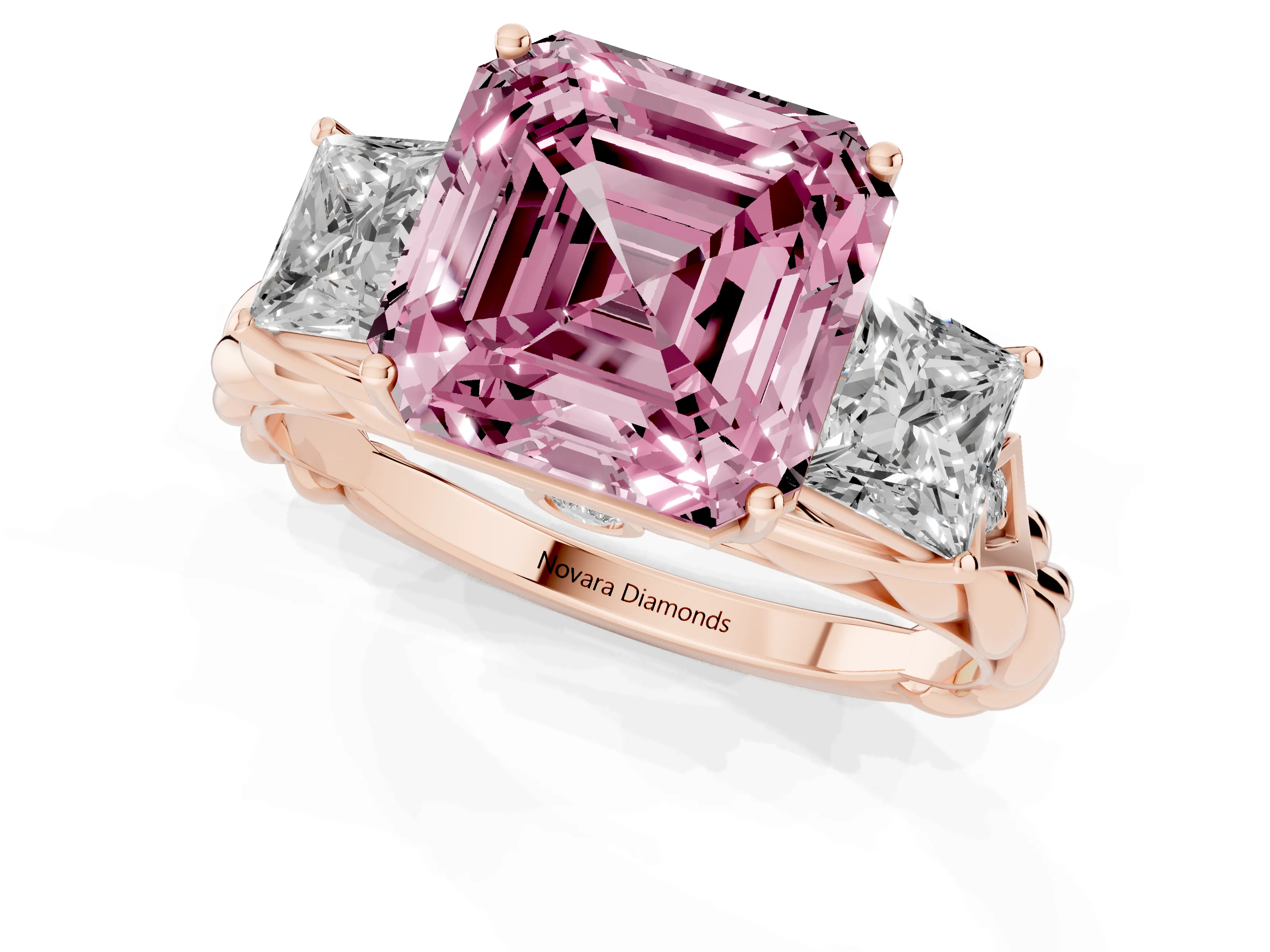 Fancy Pink Asscher Cut Diamond Three-Stone Ring Set in Rose gold with Braided Band