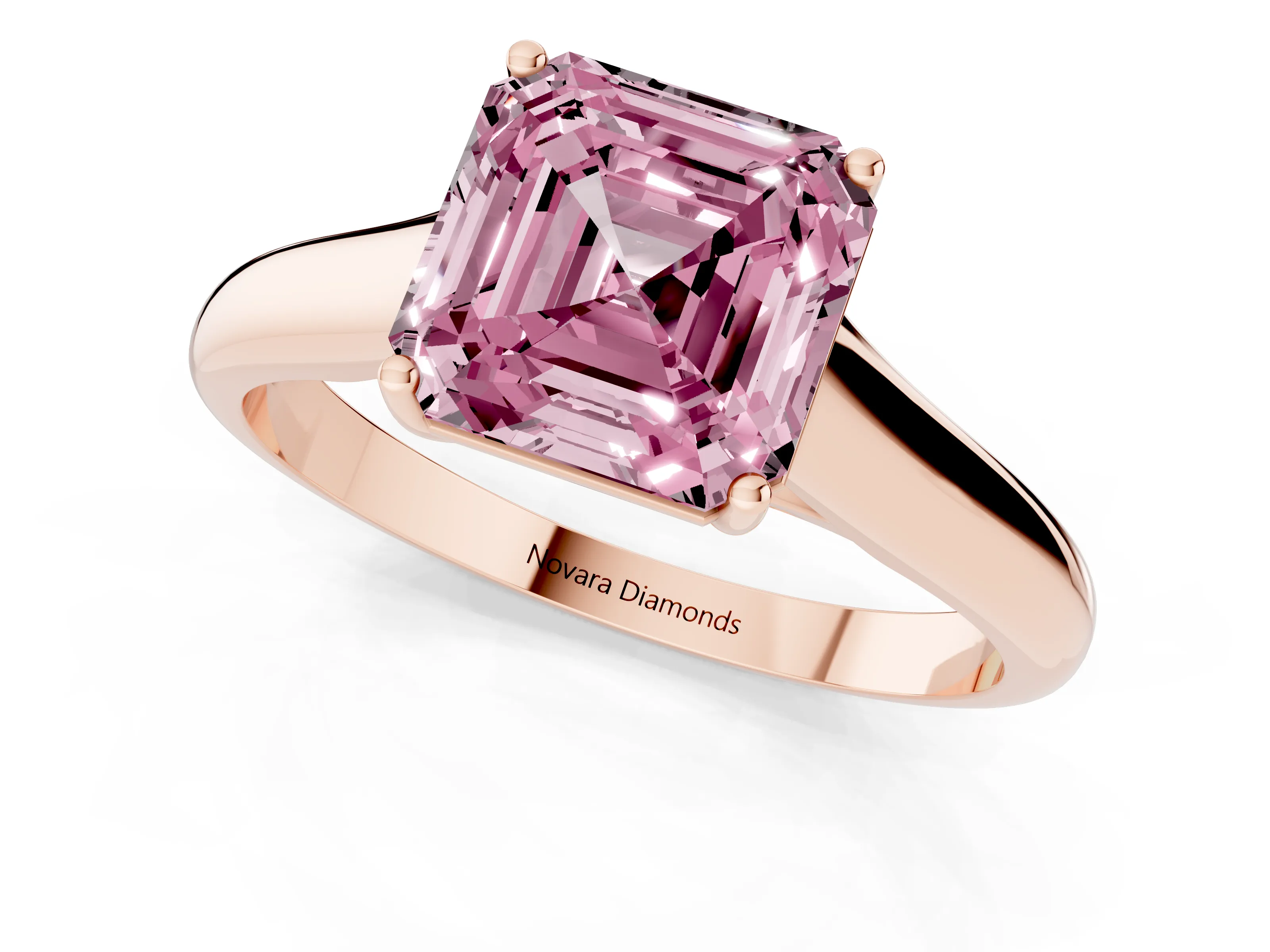 Fancy Pink Asscher Cut Diamond Solitaire Engagement Ring Set in Rose gold with Subtly Tapered Band and Prong Setting