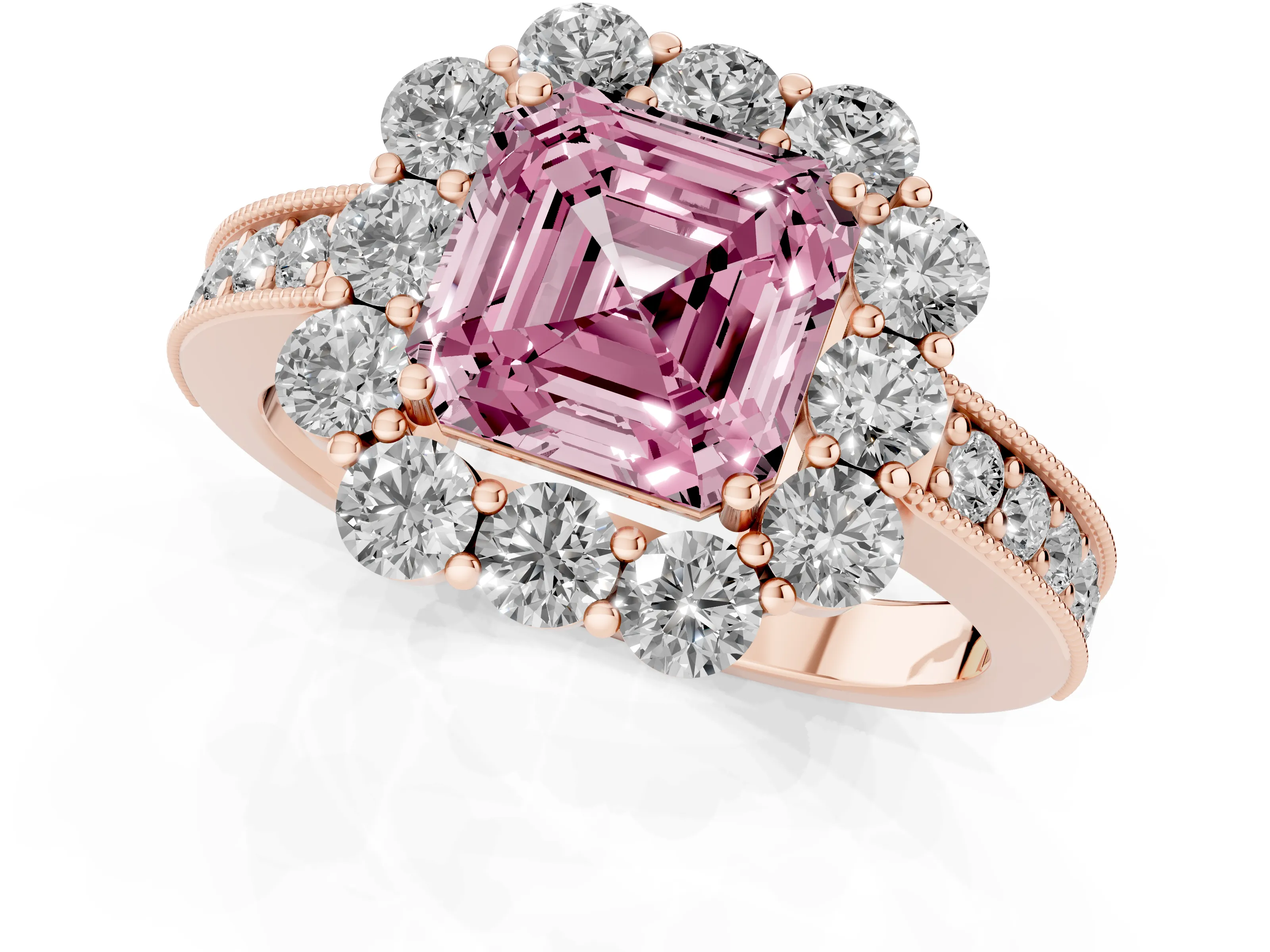 Fancy Pink Asscher Cut Diamond Halo Pavé Engagement Ring Set in Rose gold with Milgrain Detailing