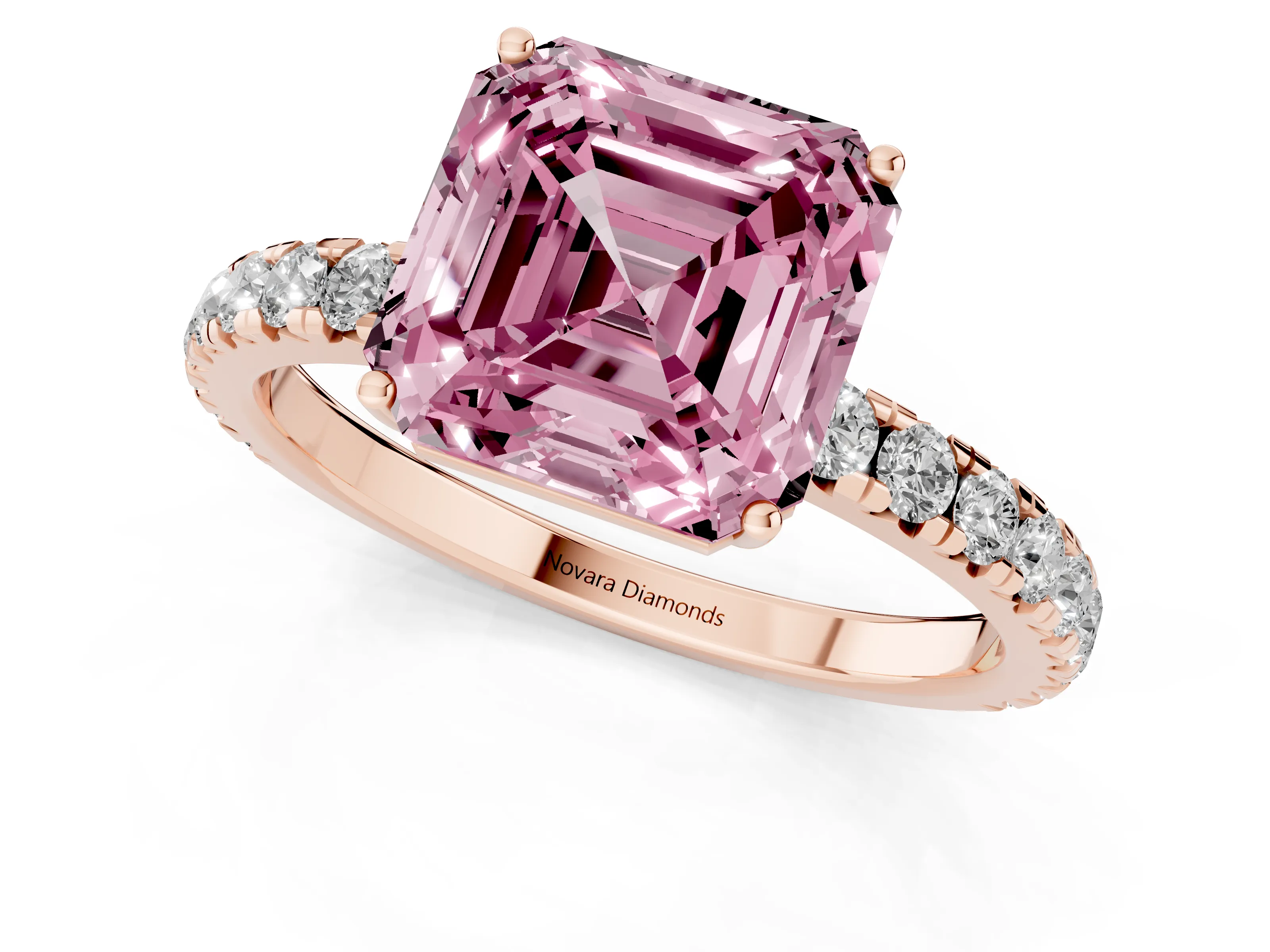 Fancy Pink Asscher Cut Diamond Pavé Solitaire Engagement Ring Set in Rose gold with Prong Setting