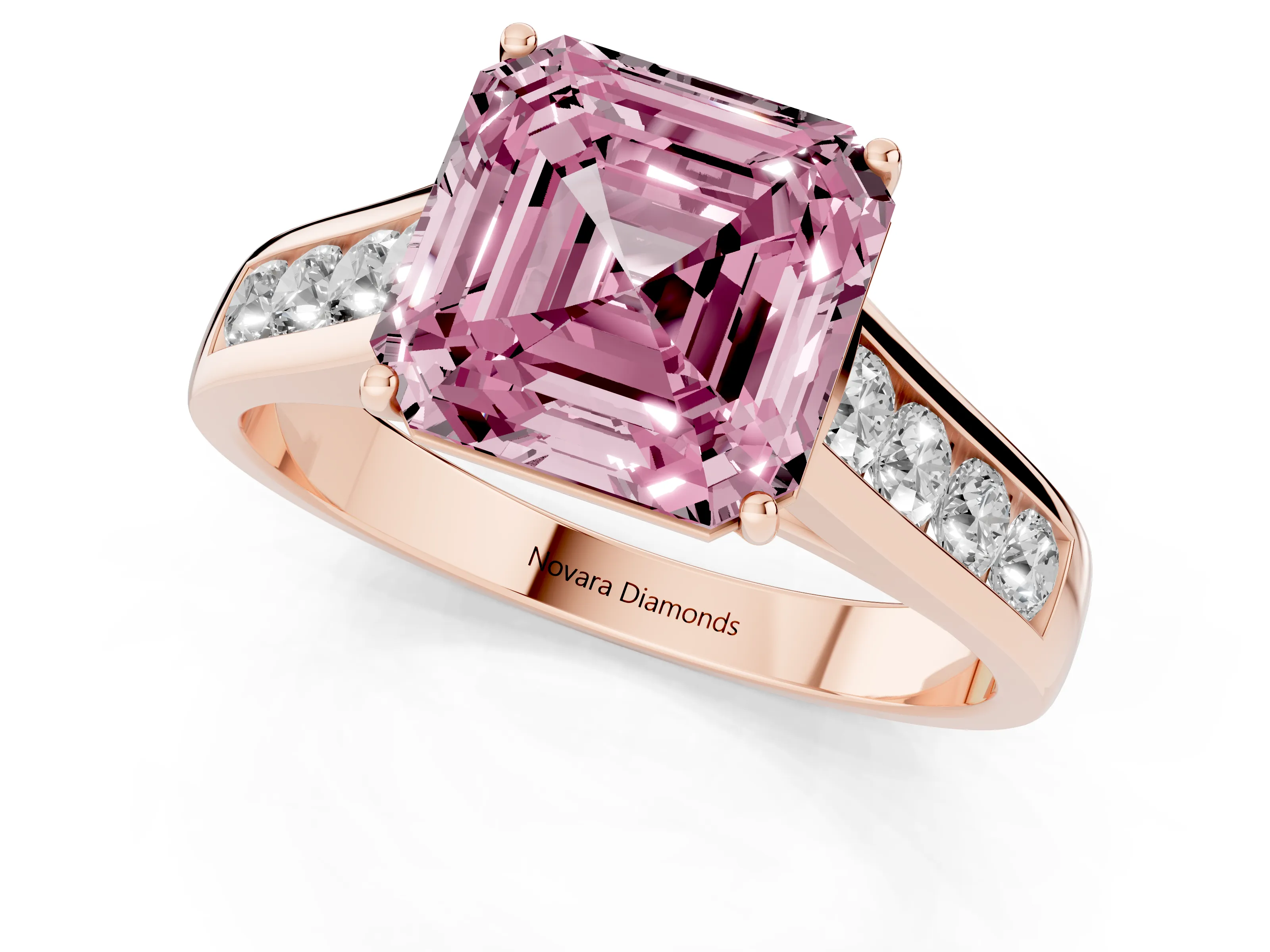 Fancy Pink Asscher Cut Diamond Brilliant Channel-Set Solitaire Ring Set in Rose gold with Prong Setting