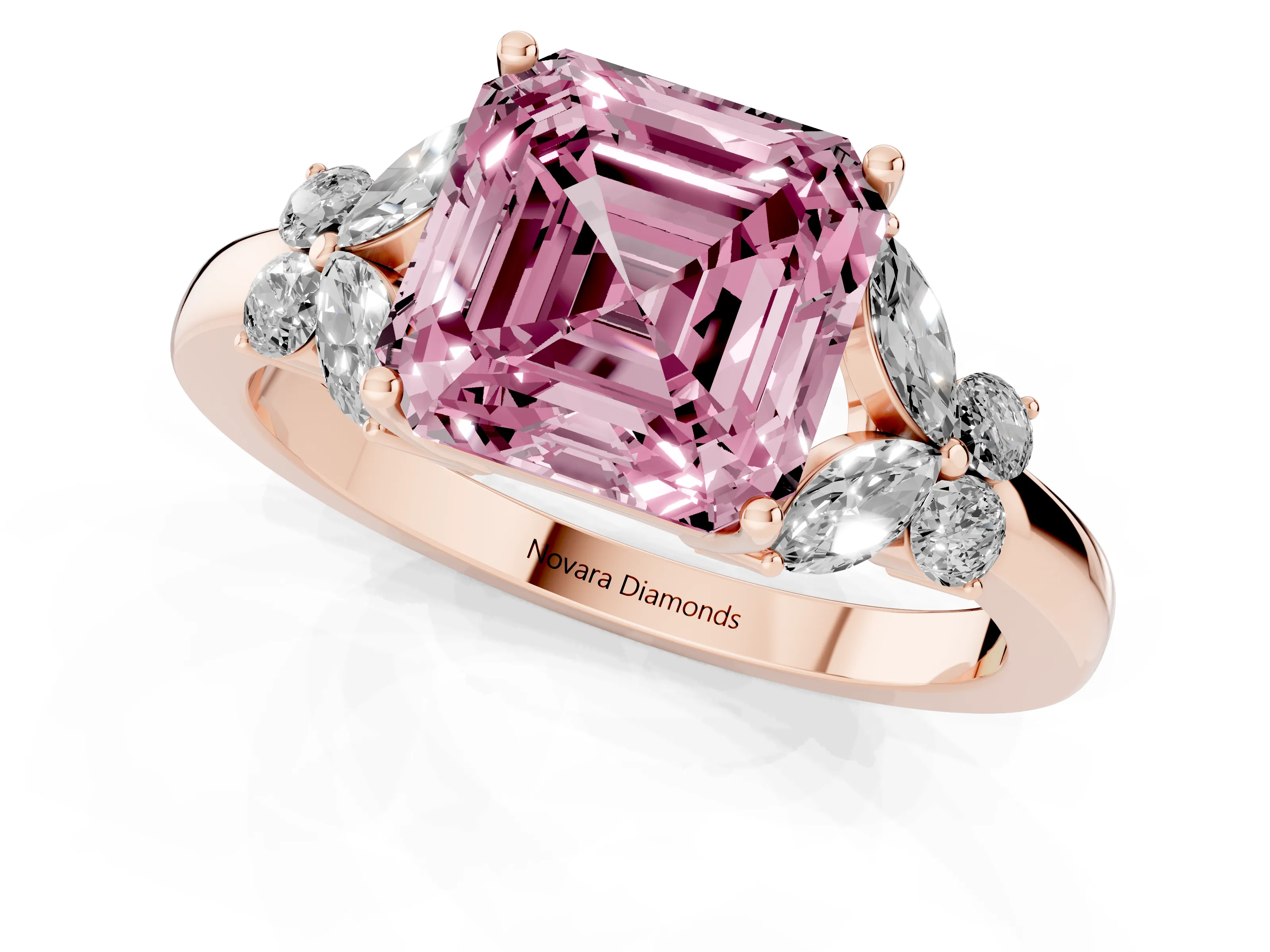 Fancy Pink Asscher Cut Diamond Solitaire Floral Ring Set in Rose gold with Marquise Petals and Prong Setting
