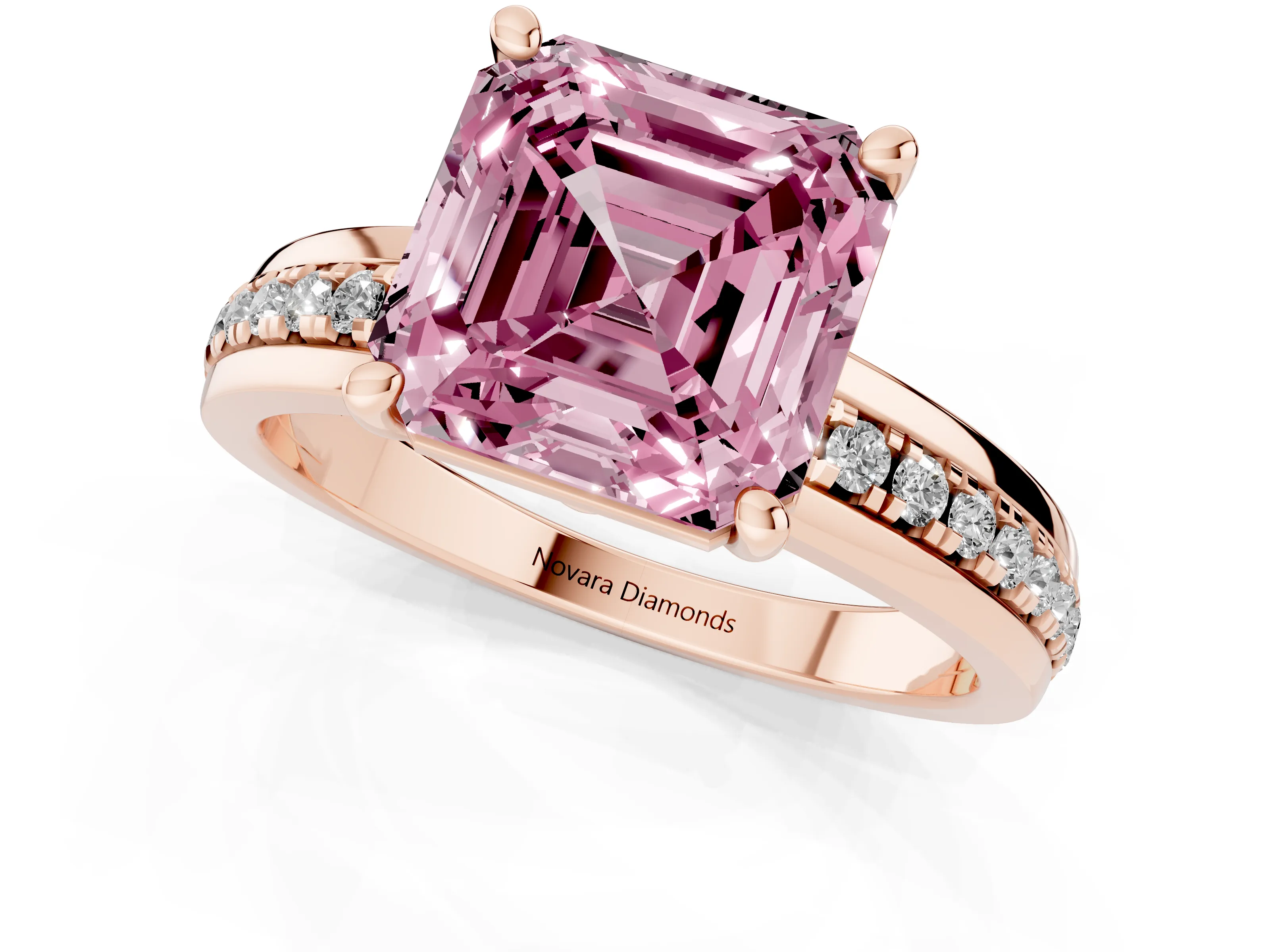 Fancy Pink Asscher Cut Diamond Solitaire Ring Set in Rose gold with Channel Set Band and Prong Setting
