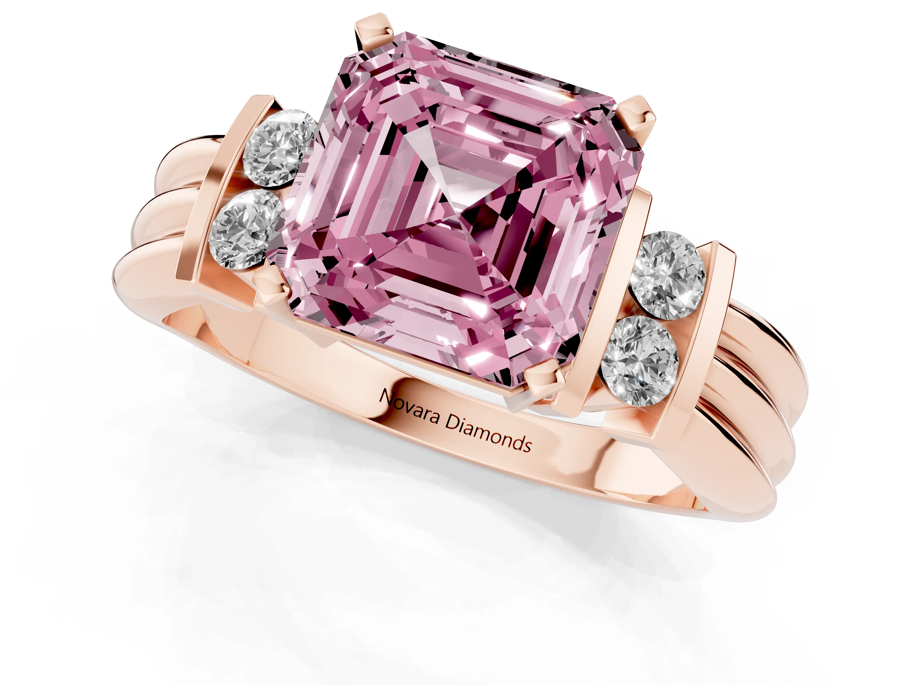 Fancy Pink Three-Stone Asscher Cut Diamond Channel Set Ring Set in Rose gold with Bar Prongs
