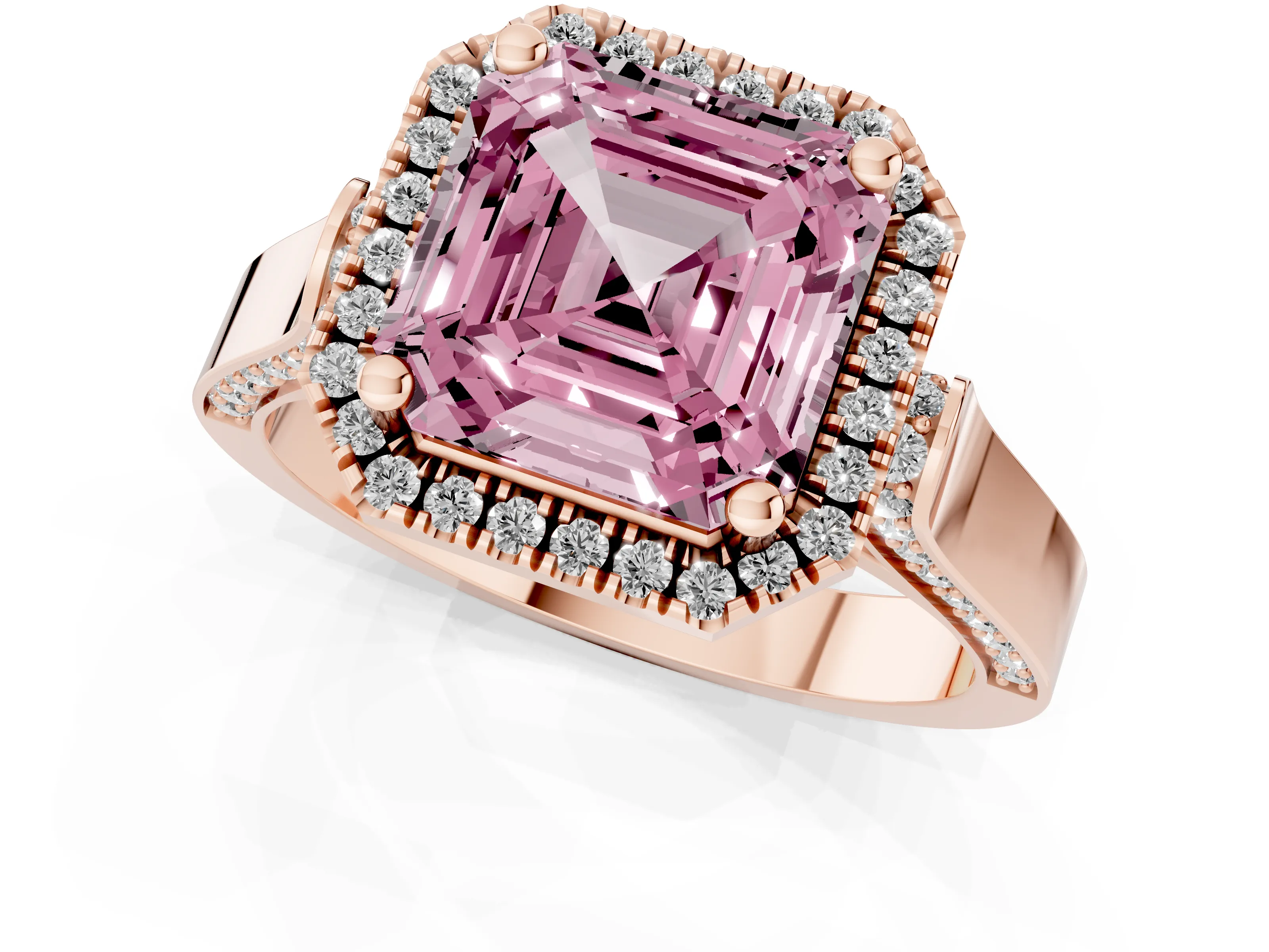 Fancy Pink Asscher Cut Diamond Halo Ring Set in Rose gold with Pavé-Lined Split Shank Band