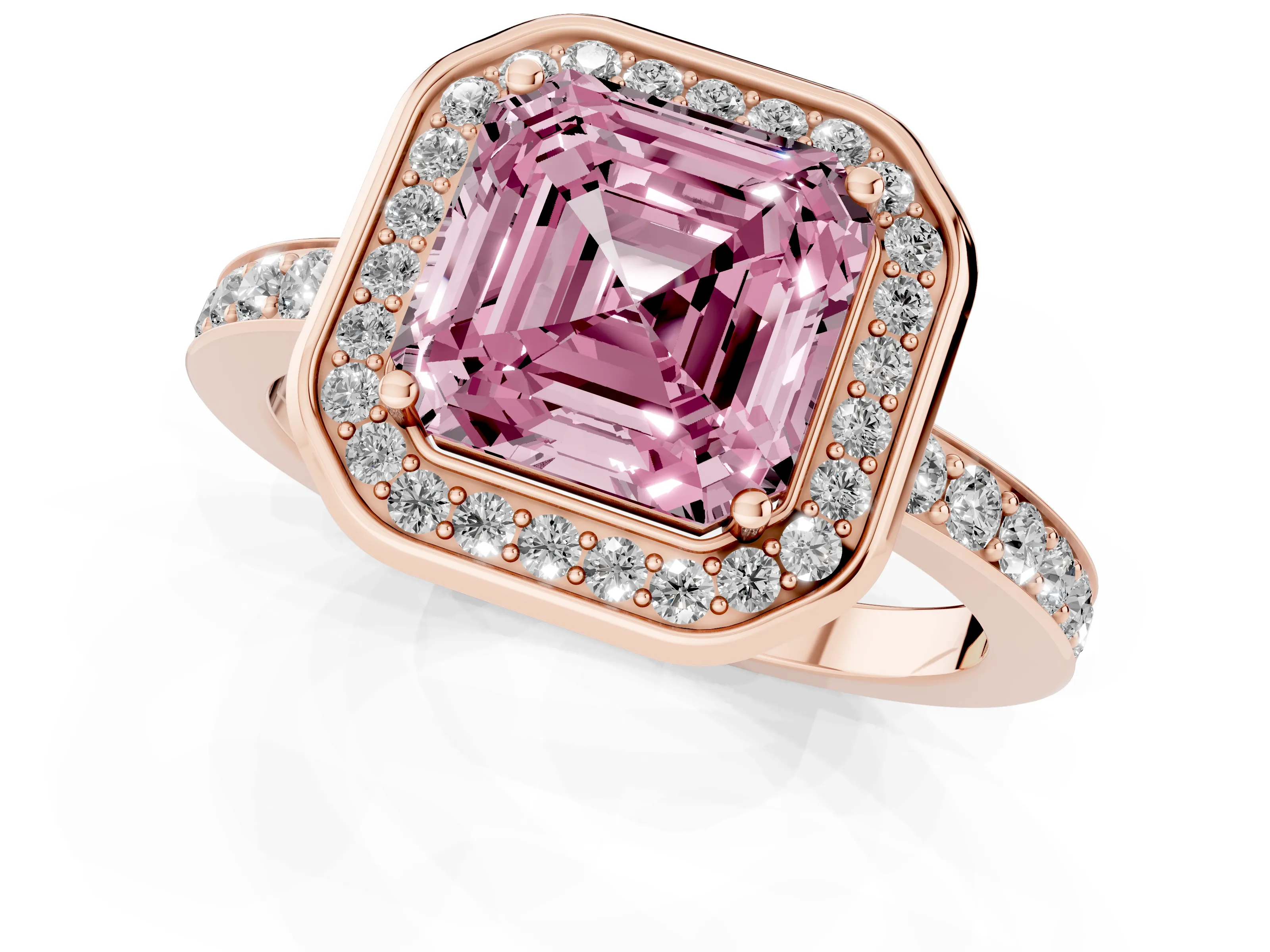 Fancy Pink Asscher Cut Diamond Halo Ring Set in Rose gold with Bezel Frame and Pavé Band