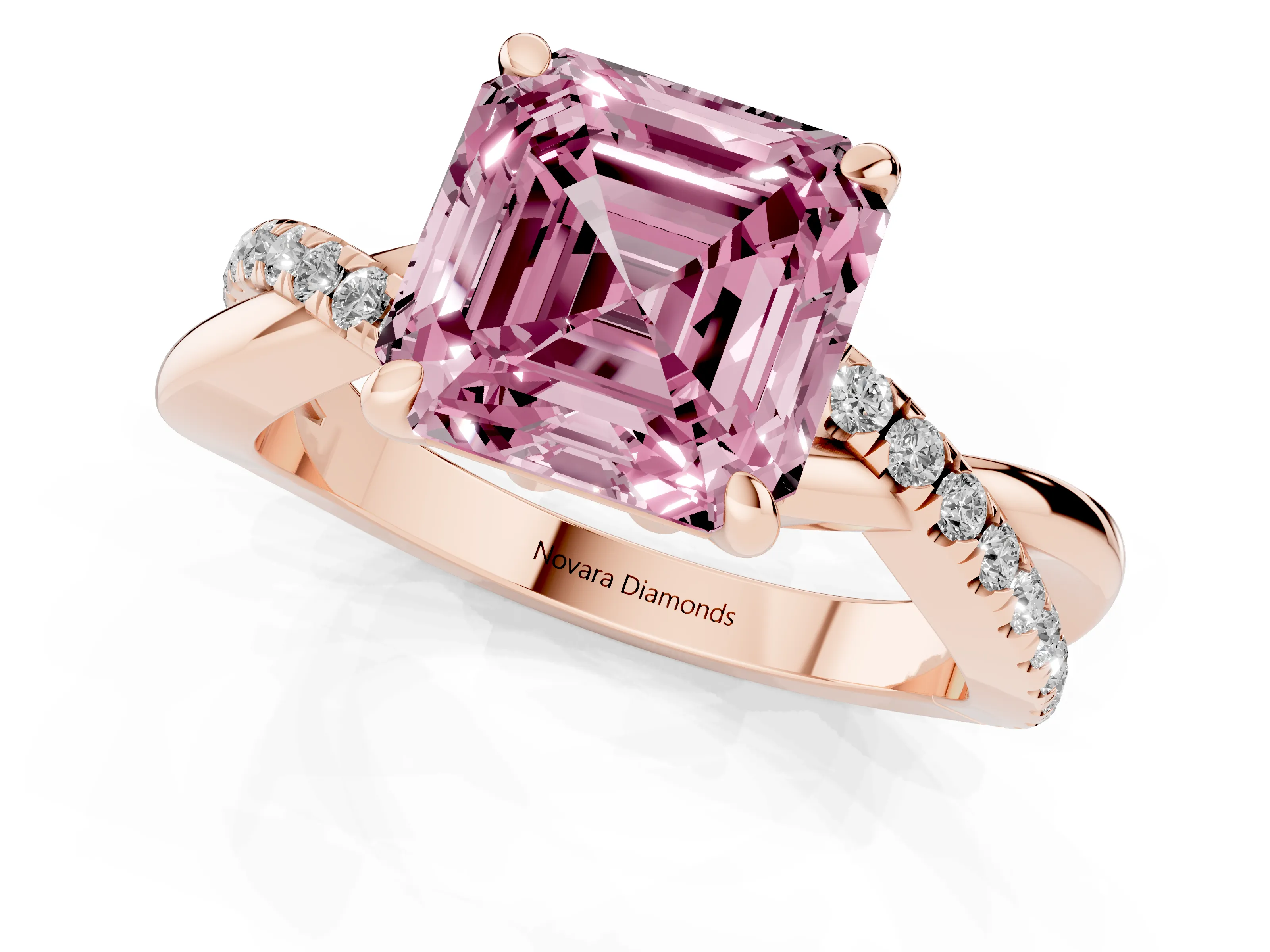 Fancy Pink Asscher Cut Diamond Twist Band Pavé Solitaire Ring Set in Rose gold with Prong Setting