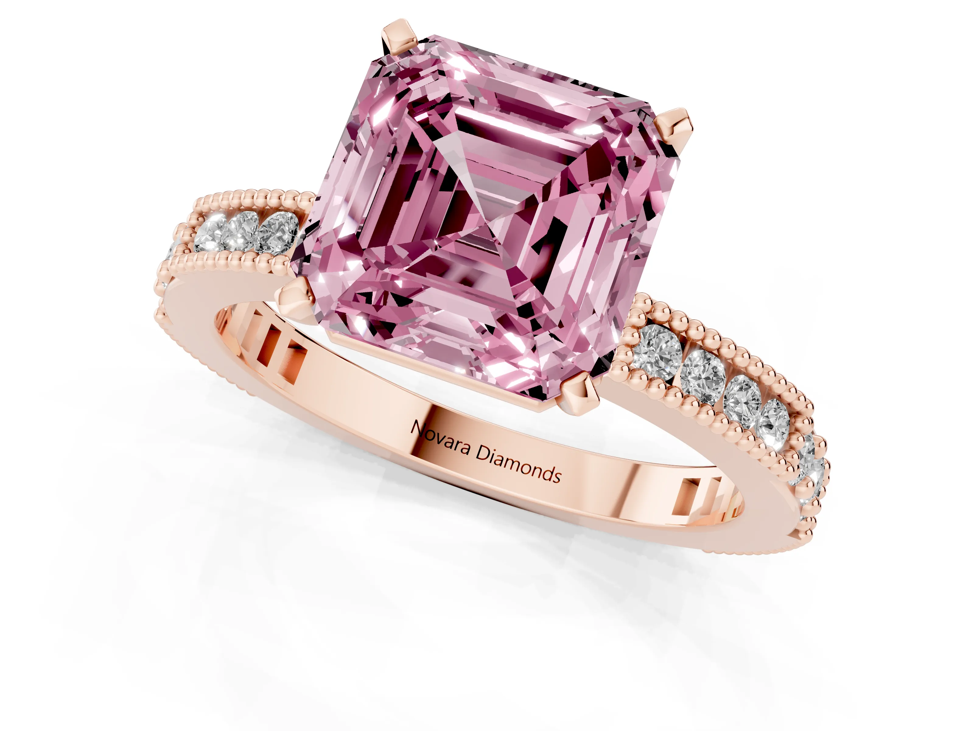 Fancy Pink Asscher Cut Diamond Solitaire Ring Set in Rose gold with Slim Pavé Band and Prong Setting
