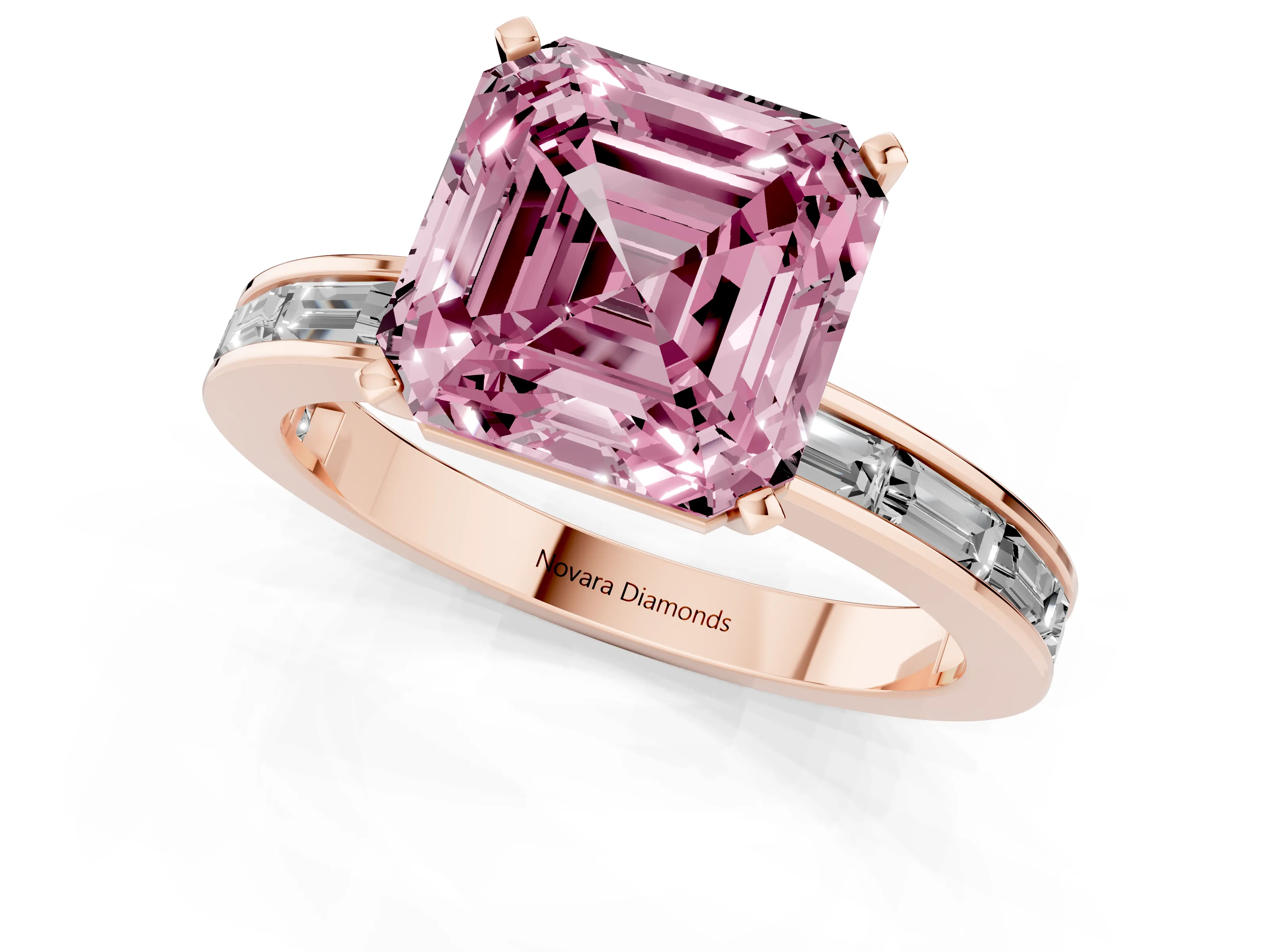 Fancy Pink Asscher Cut Diamond Solitaire Ring Set in Rose gold with Channel-Set Baguette Band and Prong Setting