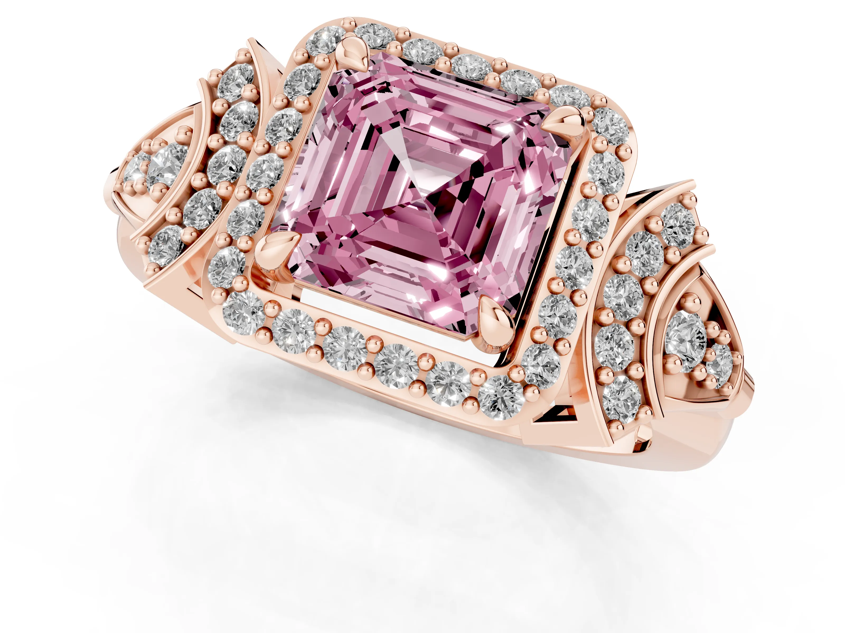 Fancy Pink Asscher Cut Diamond Halo Engagement Ring Set in Rose gold with Accent Stone Split Shank