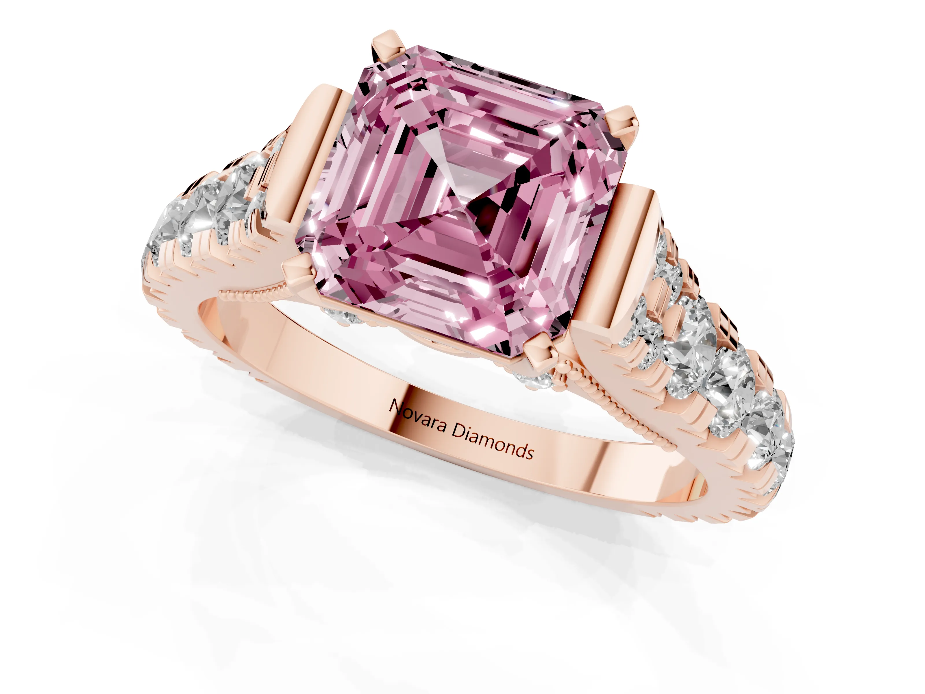 Fancy Pink Asscher Cut Diamond Classic Solitaire Ring Set in Rose gold with Pavé Band and Prong Setting