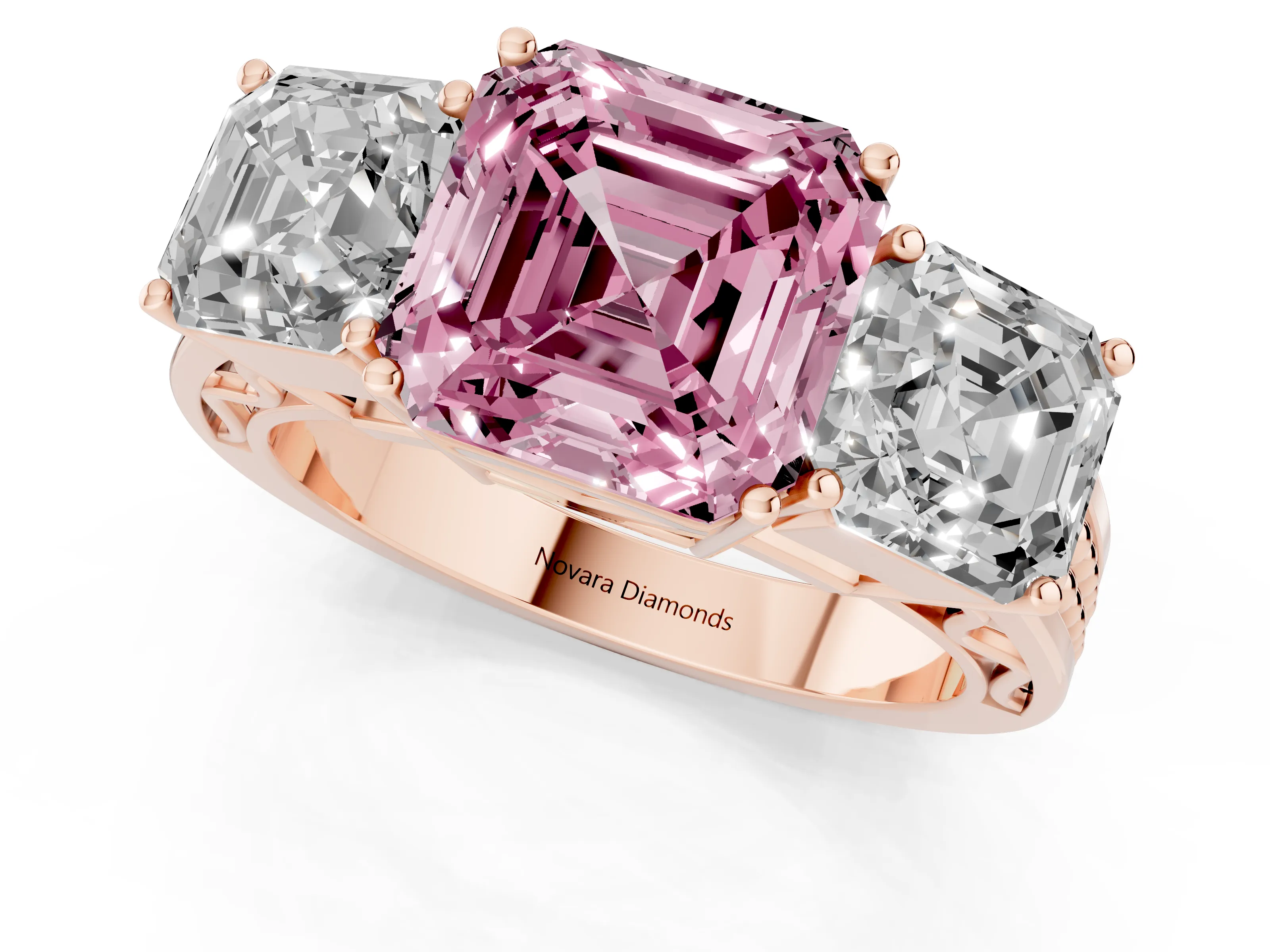 Fancy Pink Asscher Cut Diamond Three-Stone Ring Set in Rose gold with Textured Band