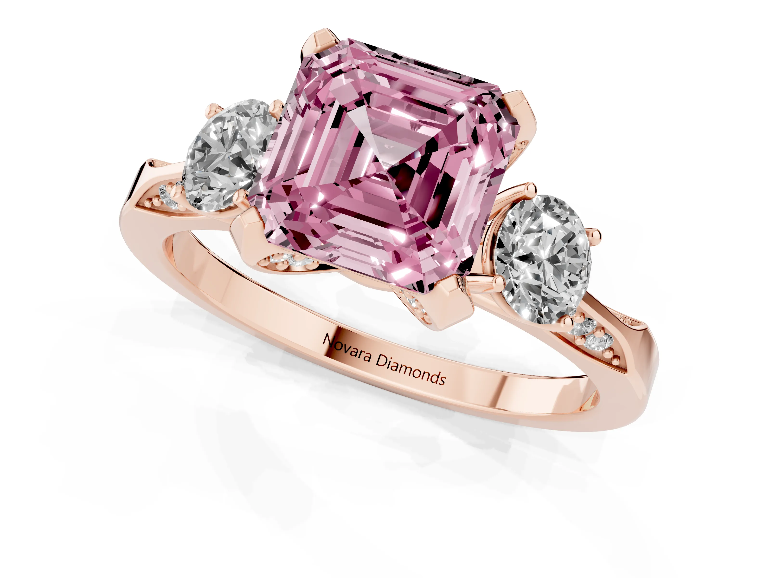 Fancy Pink Asscher Cut Diamond Three-Stone Ring Set in Rose gold with Pavé Band and Smaller Side Stones