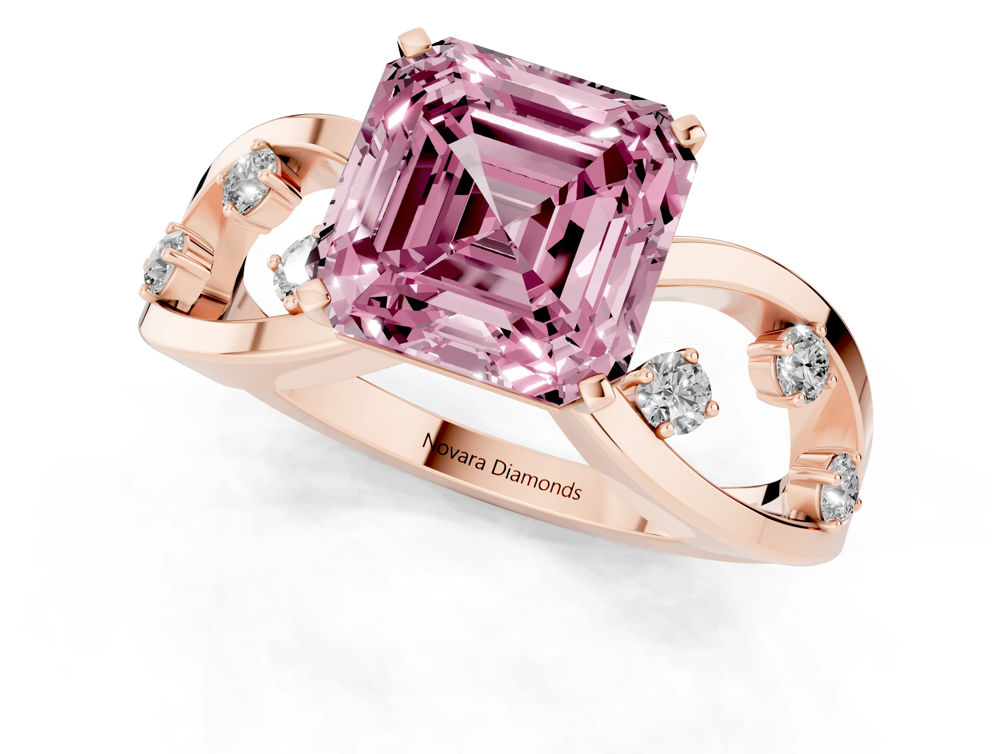 Fancy Pink Asscher Cut Diamond Solitaire Ring Set in Rose gold with Side Stones on Criss-Cross Band and Prong Setting