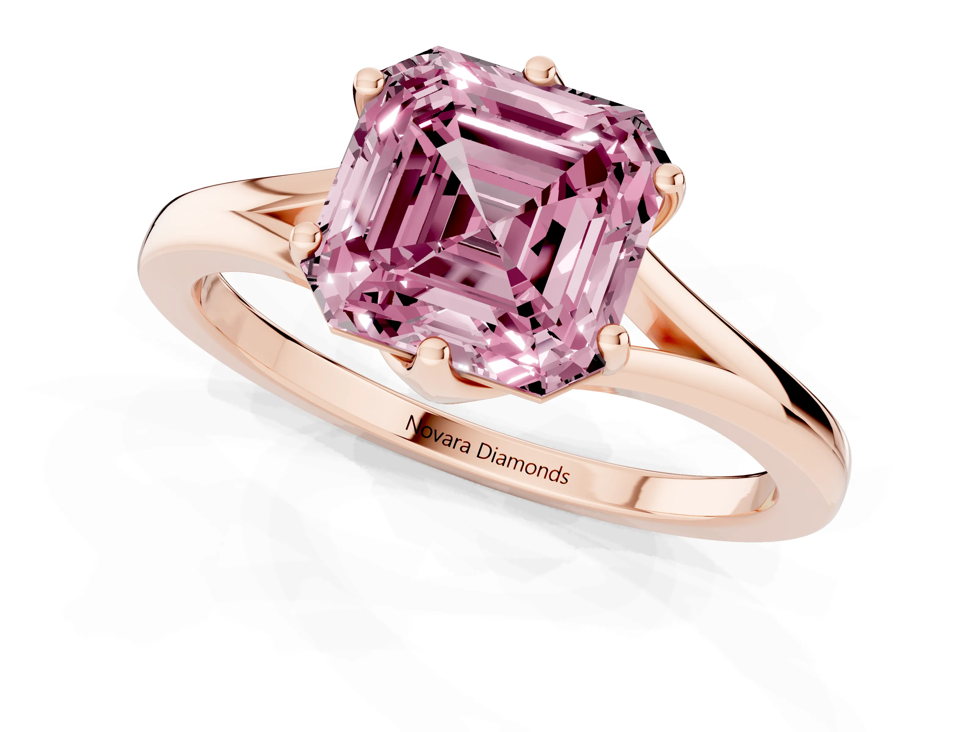 Fancy Pink Asscher Cut Diamond Solitaire Ring Set in Rose gold with Polished Tapered Band and Prong Setting