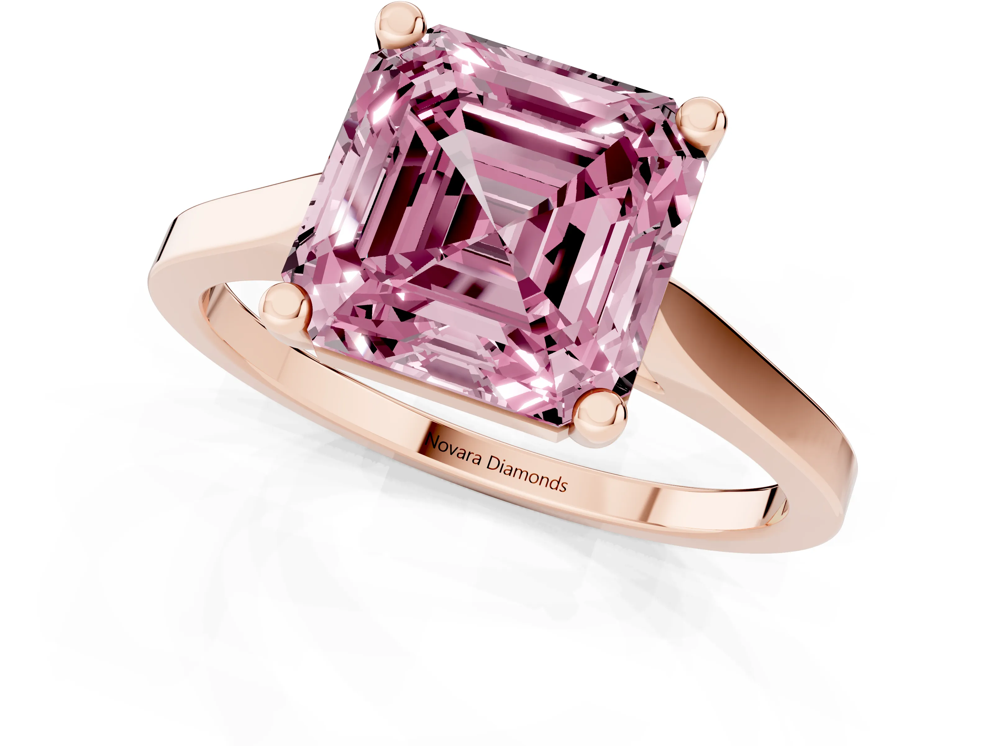 Fancy Pink Asscher Cut Diamond Solitaire Ring Set in Rose gold with Prong Setting and Tapered Band