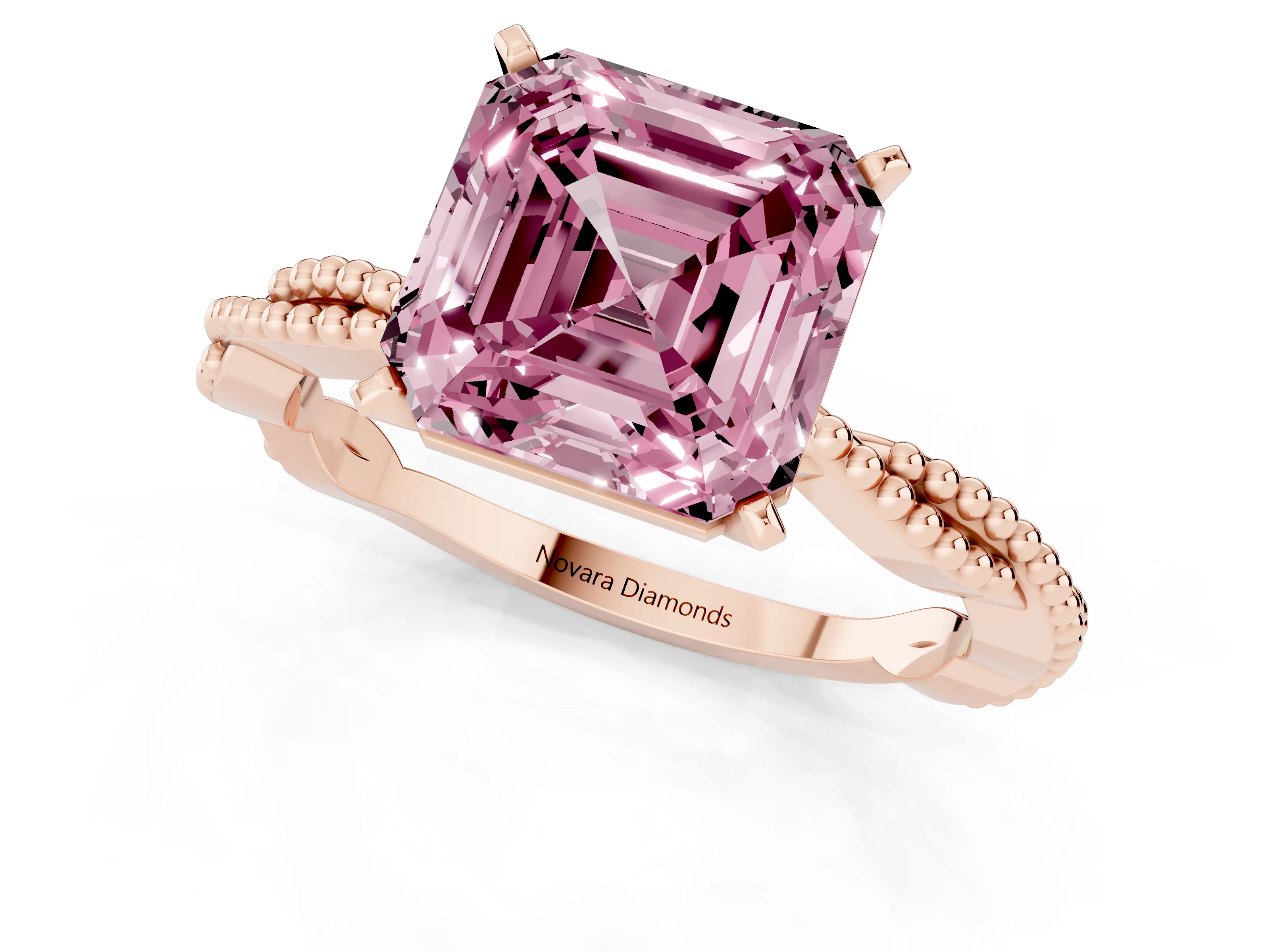 Fancy Pink Asscher Cut Diamond Solitaire Ring Set in Rose gold with Twisted Band and Bead Prong Setting