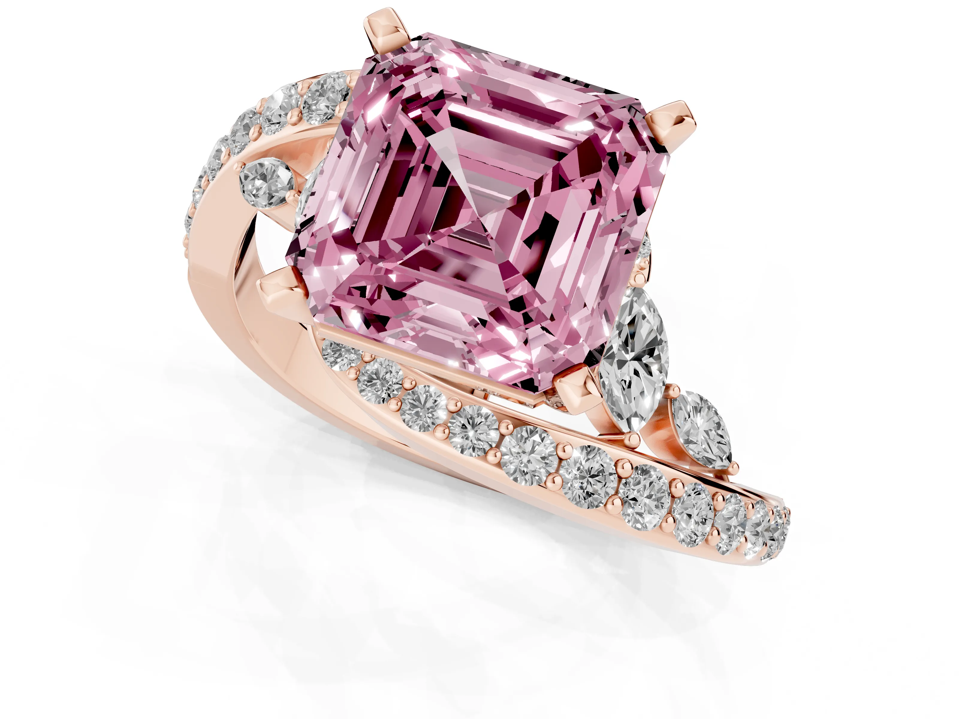 Fancy Pink Asscher Cut Diamond Solitaire Ring Set in Rose gold with Pavé Twist Band and Secure Prong Setting