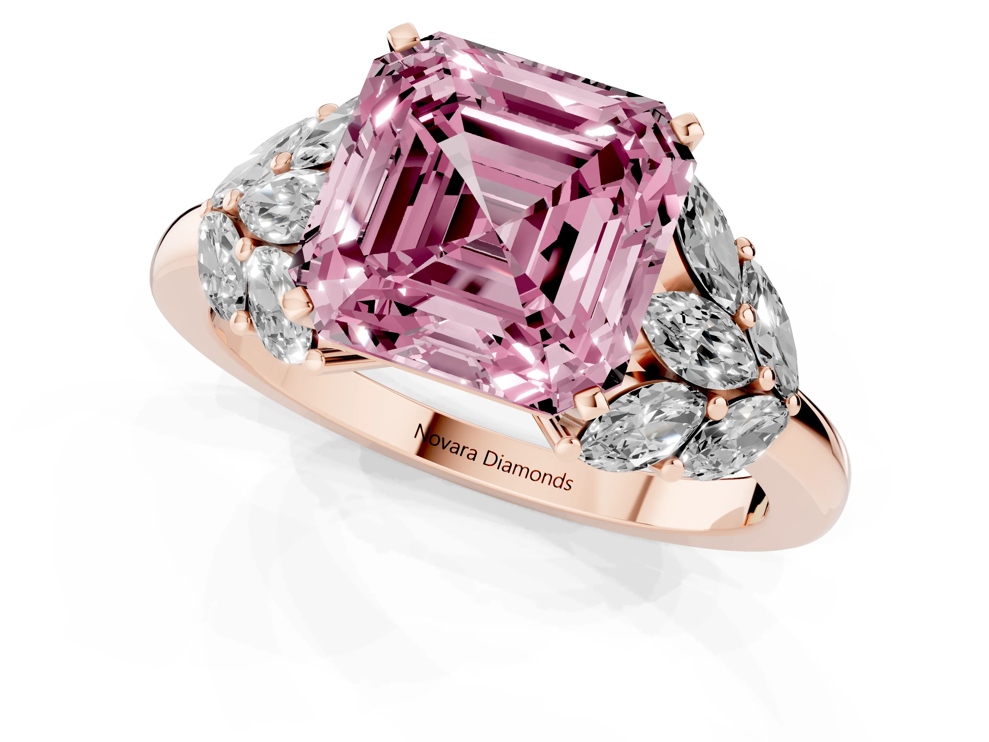 Fancy Pink Asscher Cut Diamond Cluster Leaf Design Ring Set in Rose gold with Prong Setting