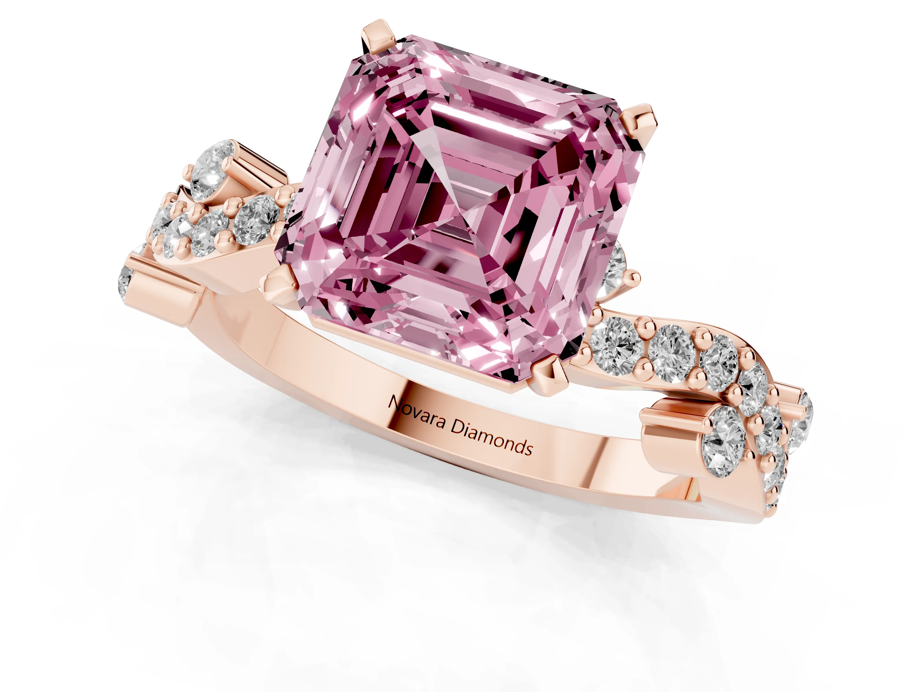 Fancy Pink Asscher Cut Diamond Solitaire Twisted Band Set in Rose gold with Pavé Setting