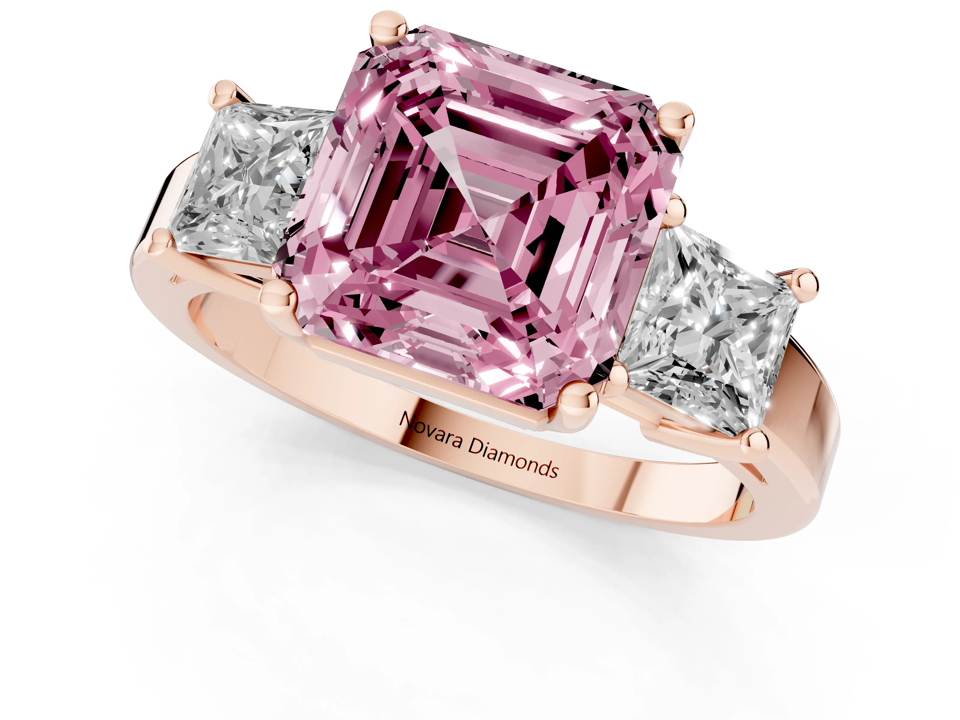 Fancy Pink Three-Stone Asscher Cut Diamond Solitaire Ring Set in Rose gold with Prong Setting