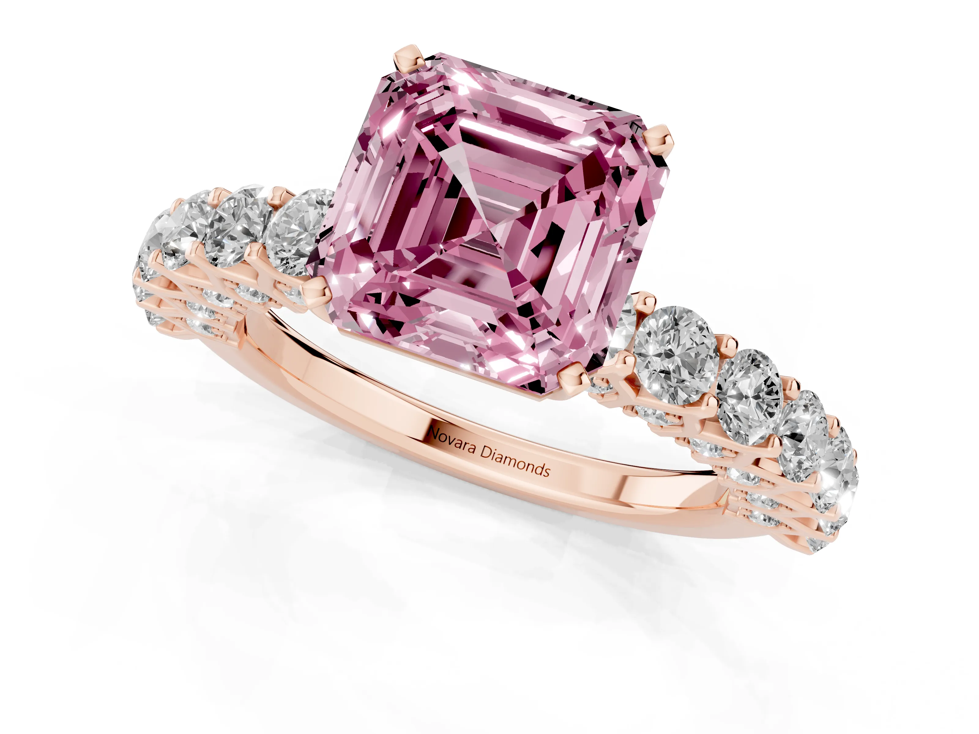 Fancy Pink Asscher Cut Diamond Solitaire Ring Set in Rose gold with Shared Prong Pavé Band