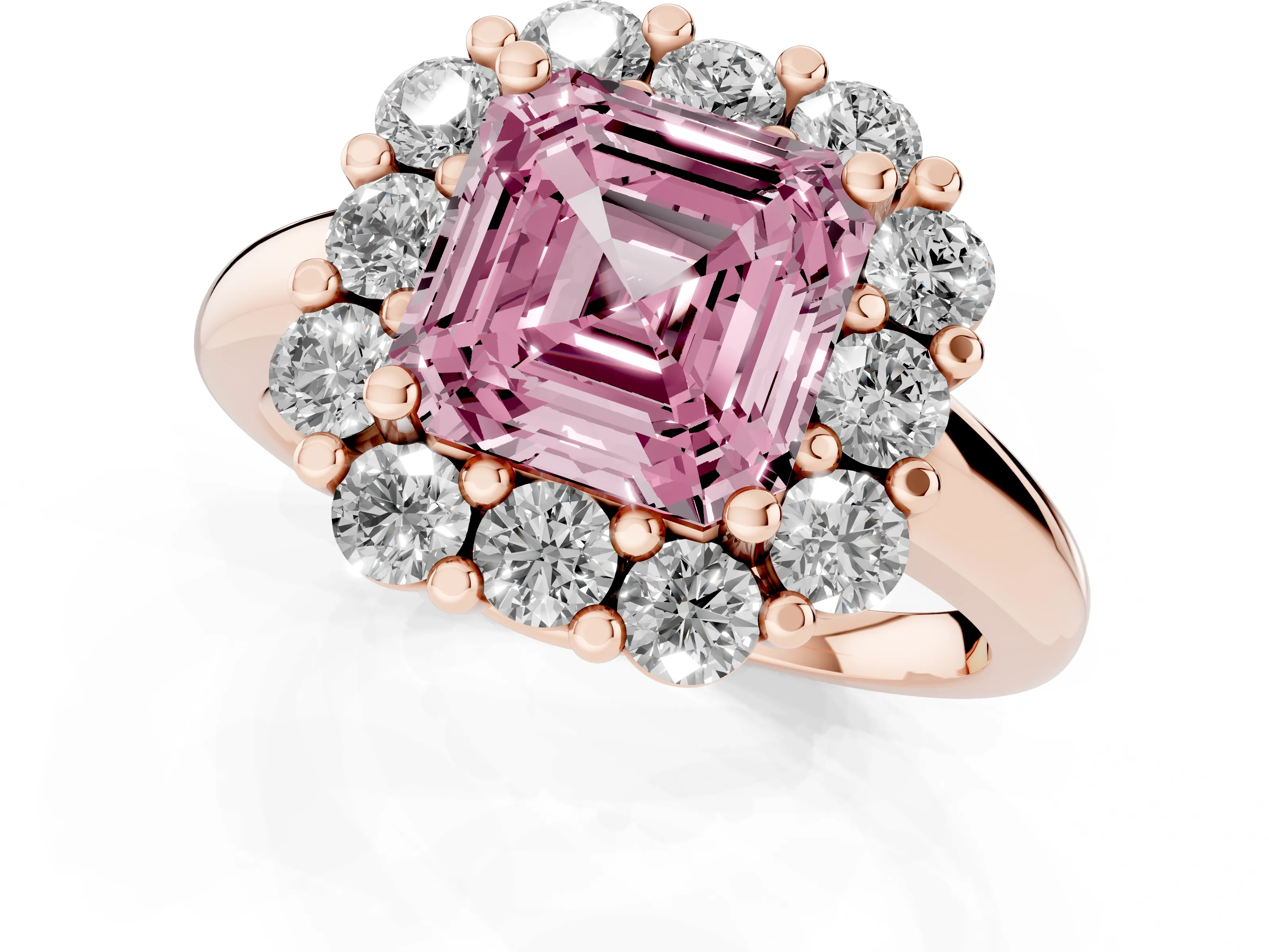 Fancy Pink Asscher Cut Diamond Halo Cluster Engagement Ring Set in Rose gold with Polished Band and Prong Setting