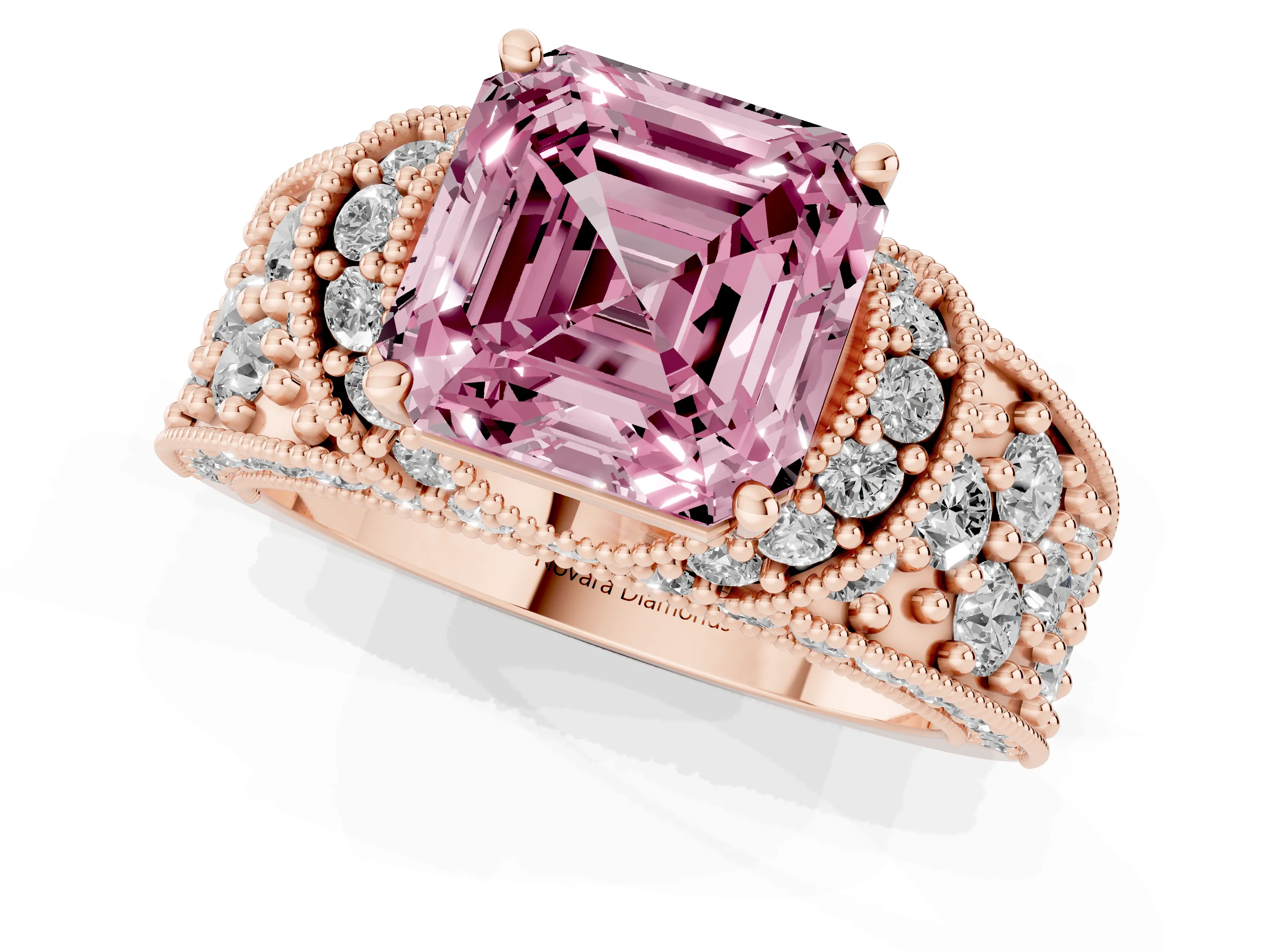 Fancy Pink Asscher Cut Diamond Milgrain Halo Pavé Engagement Ring Set in Rose gold with Prong Setting