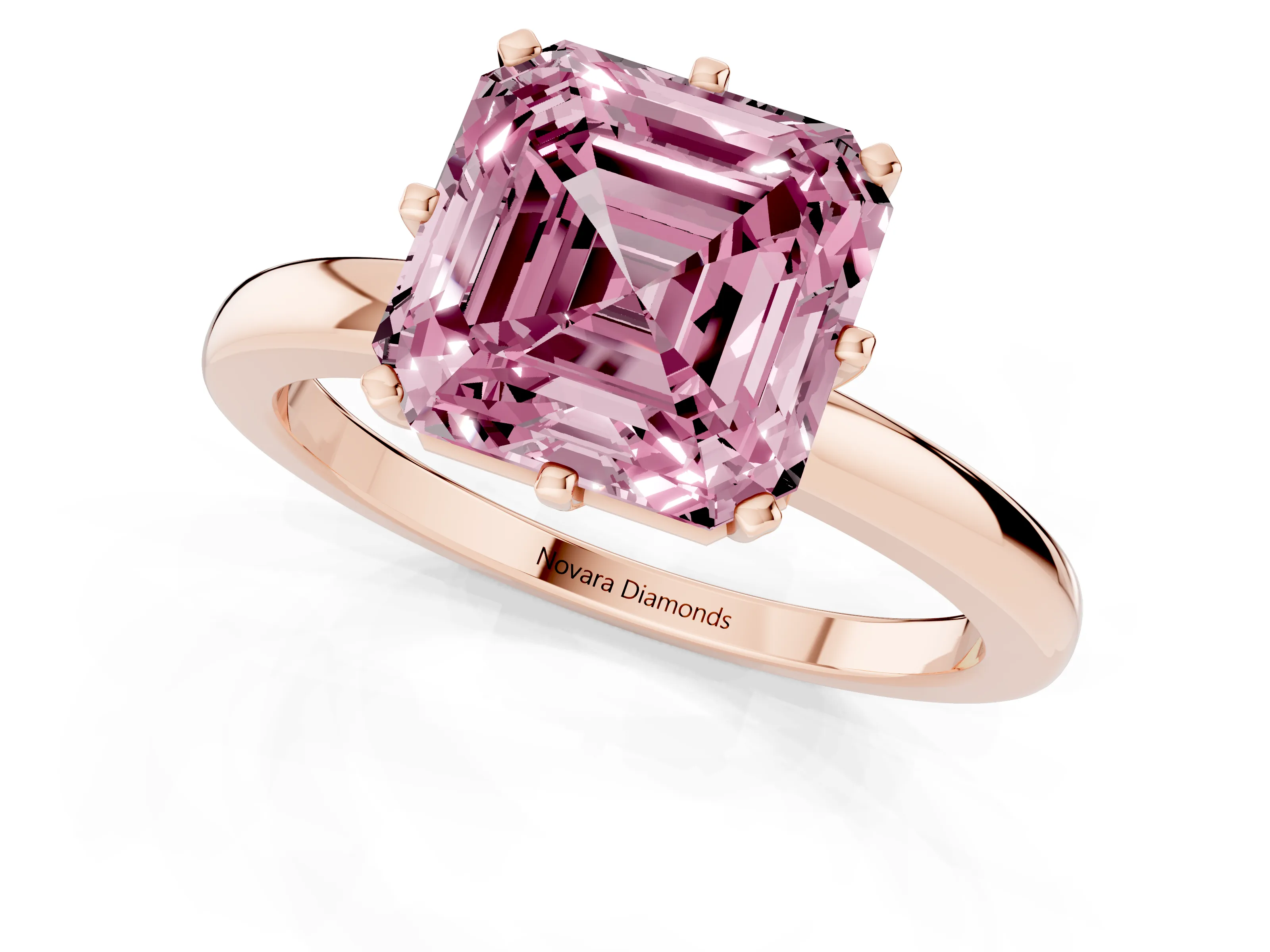 Fancy Pink Asscher Cut Diamond Solitaire Ring Set in Rose gold with Raised Prong Setting on a Classic Band