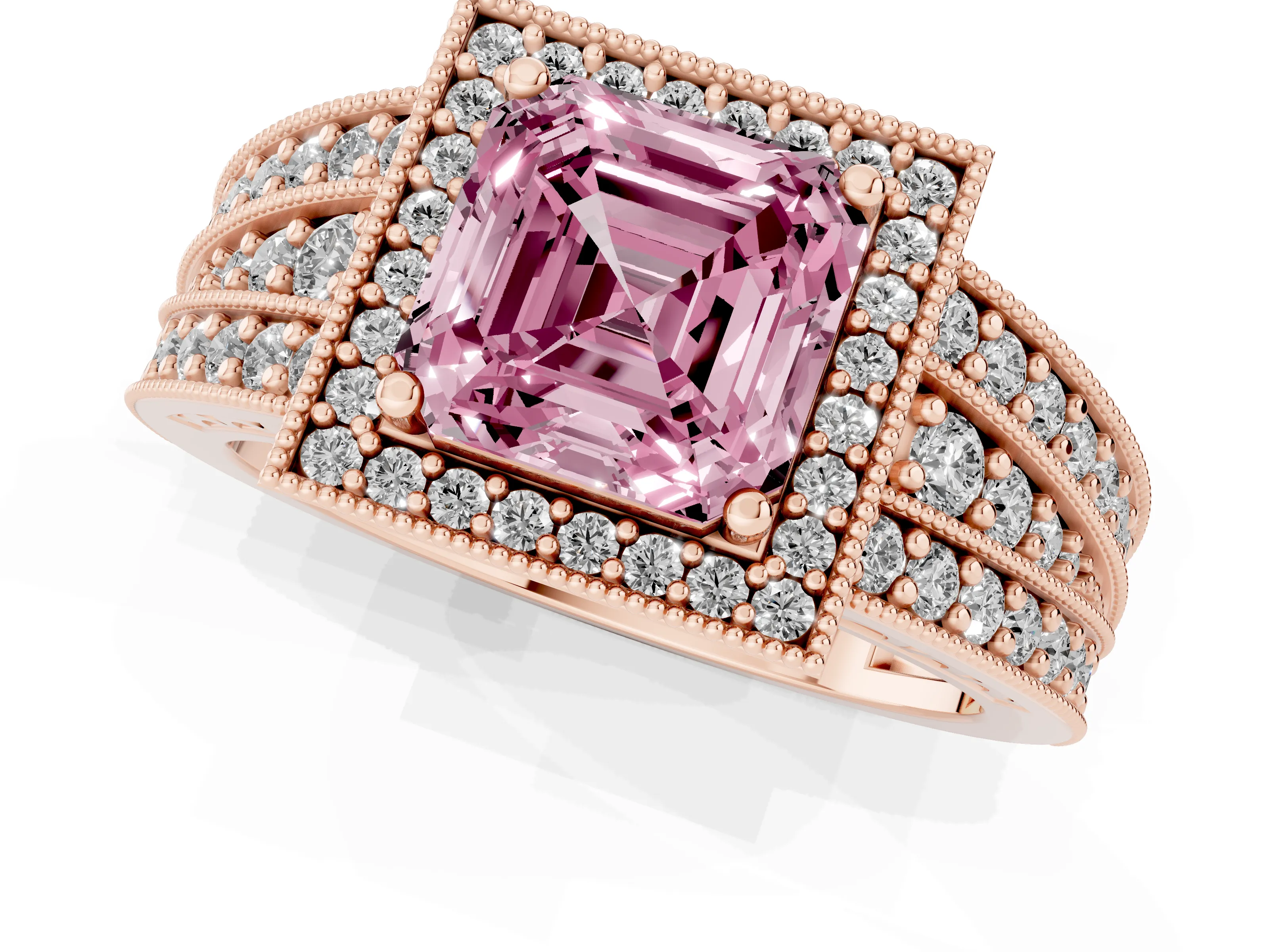 Fancy Pink Asscher Cut Diamond Halo Ring Set in Rose gold with Accent Split Shank and Prong Setting