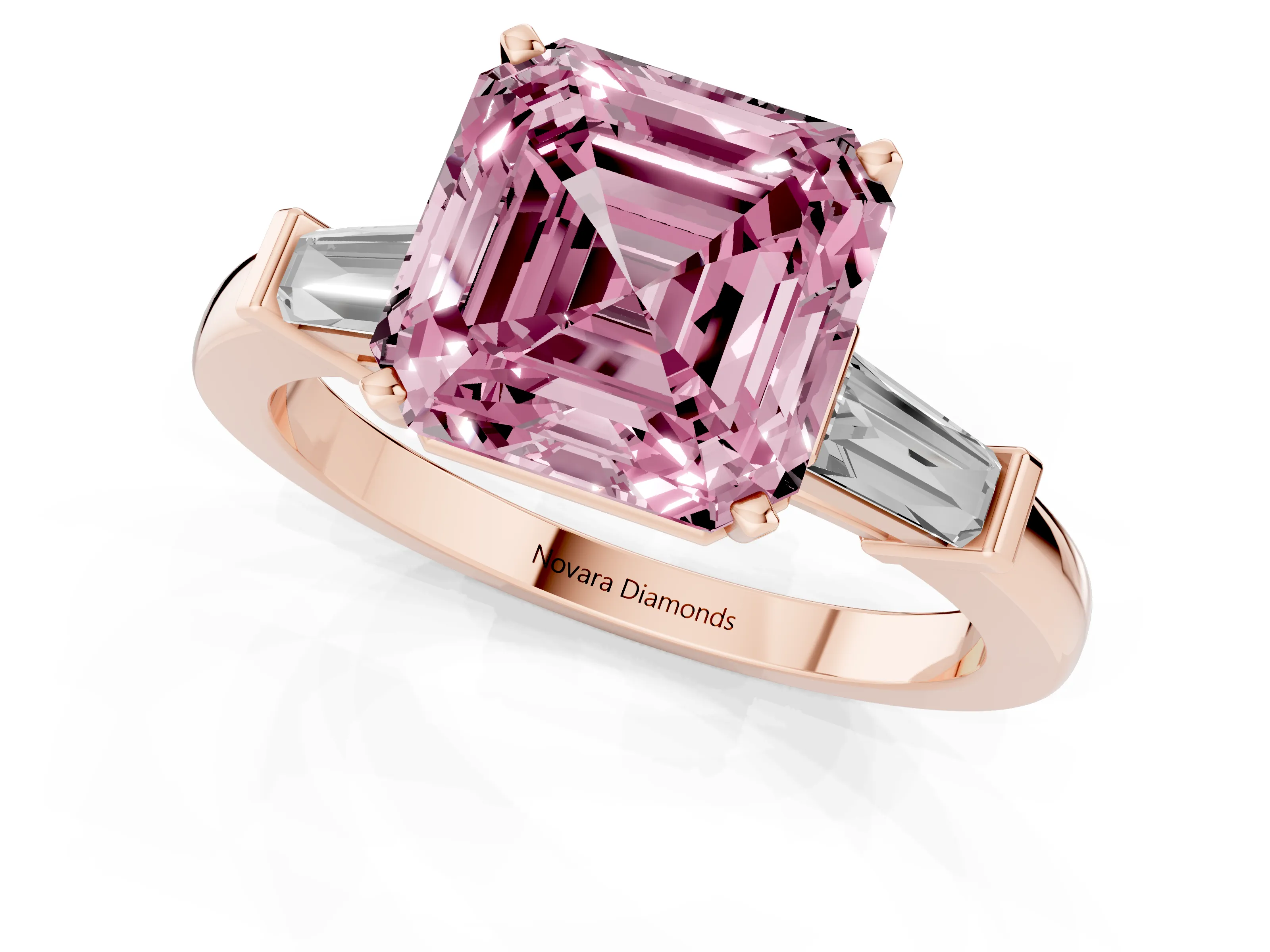 Fancy Pink Asscher Cut Diamond Solitaire Ring Set in Rose gold with Tapered Baguette Accents and Prong Setting