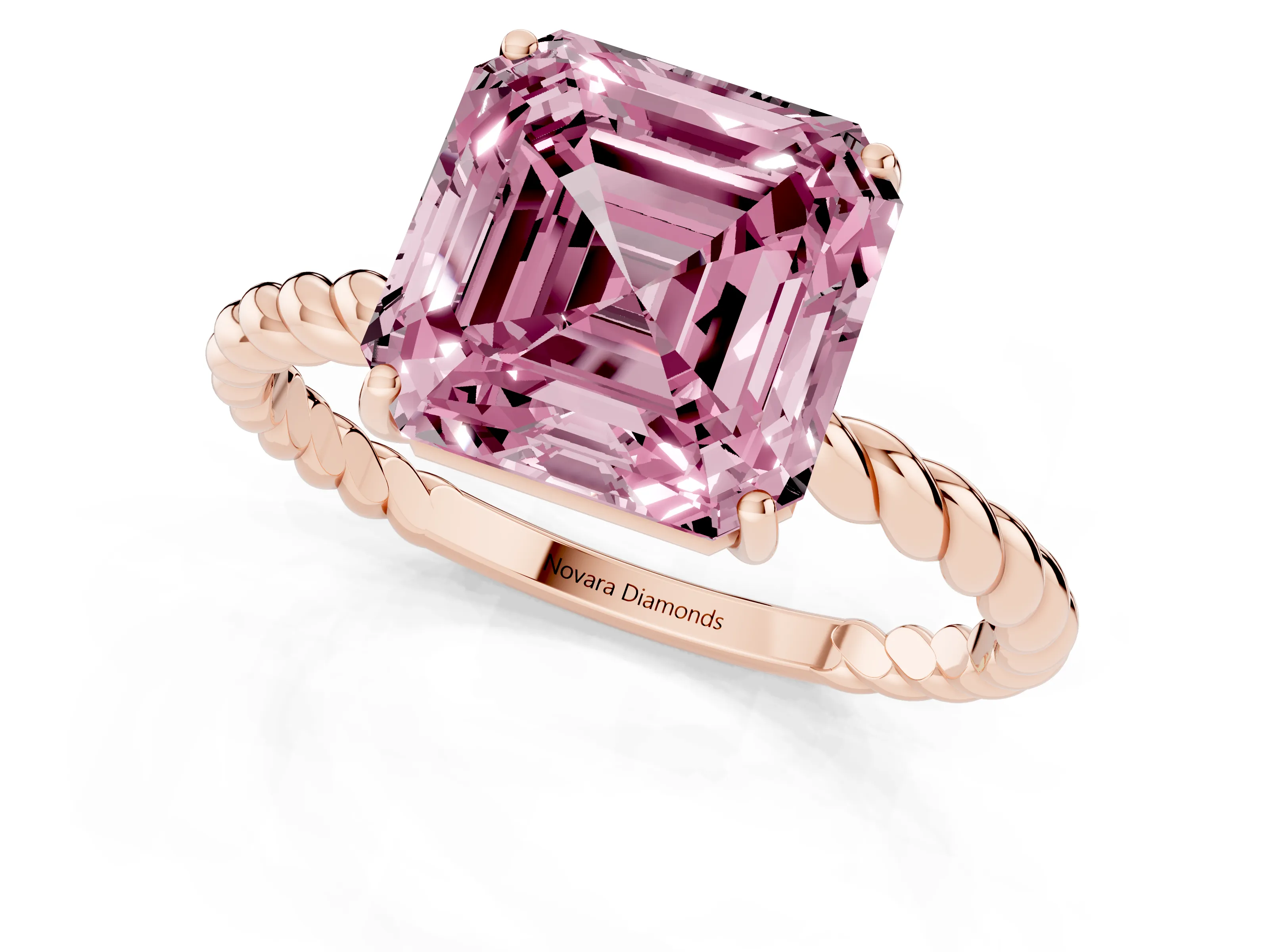 Fancy Pink Asscher Cut Diamond Solitaire Ring Set in Rose gold with Twist Band and Prong Setting