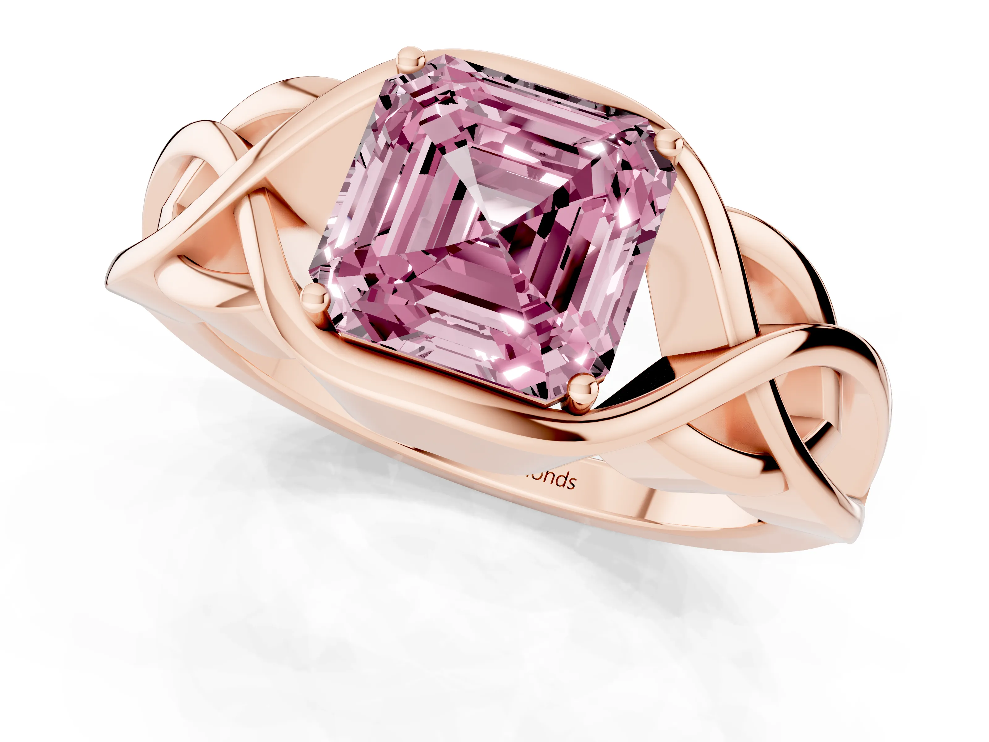Fancy Pink Asscher Cut Diamond Solitaire Ring Set in Rose gold with Intertwined Band