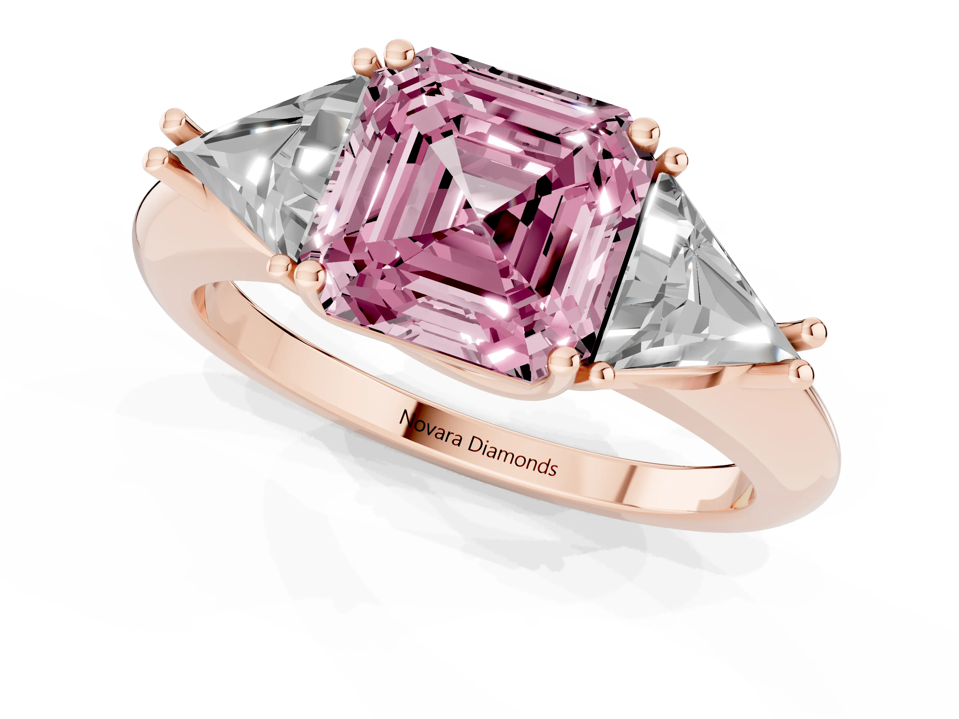 Fancy Pink Asscher Cut Diamond Three-Stone Engagement Ring Set in Rose gold with Trillion Side Stones
