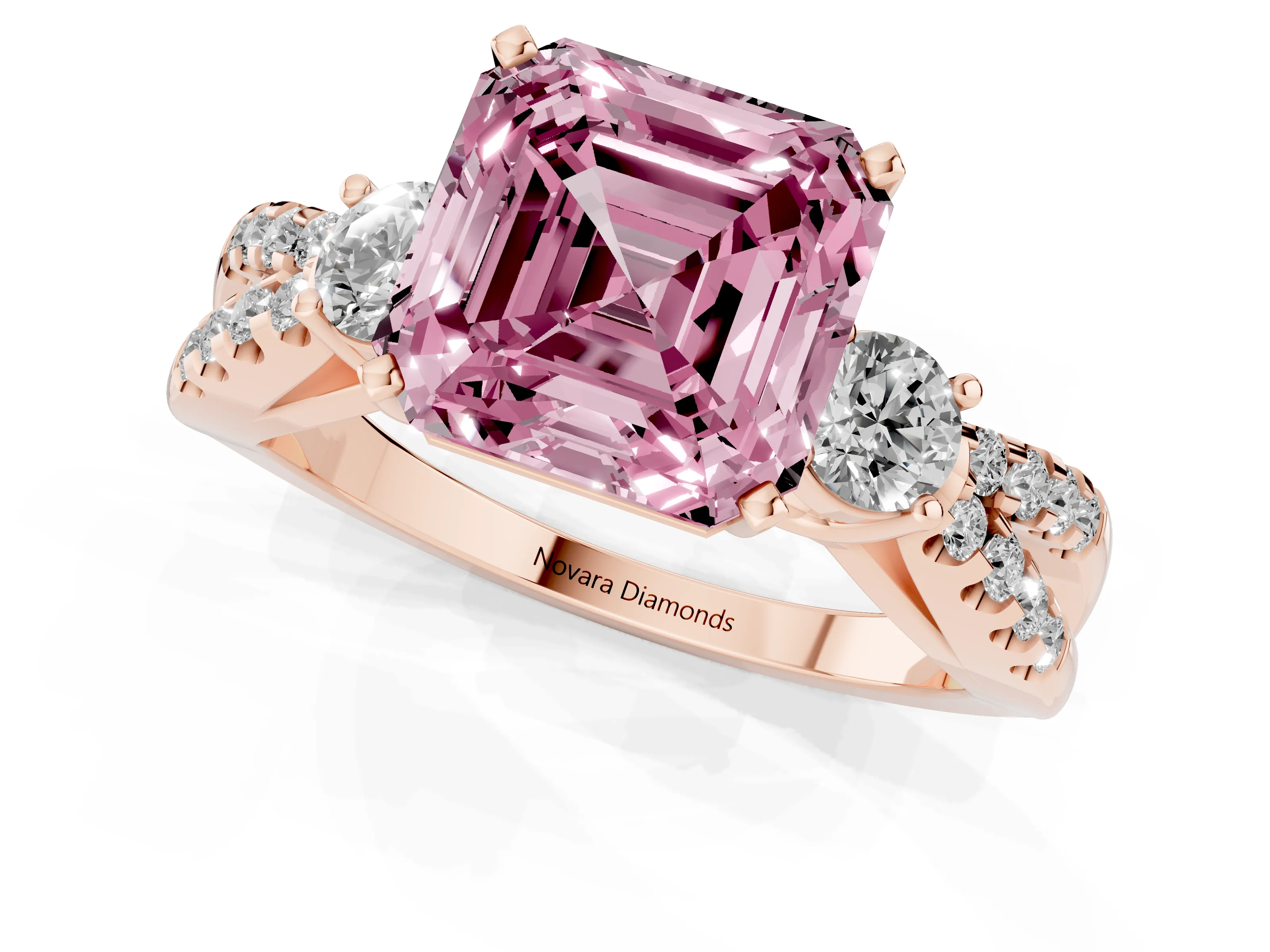 Fancy Pink Asscher Cut Diamond Three-Stone Ring Set in Rose gold with Pavé Split Shank and Prong Setting
